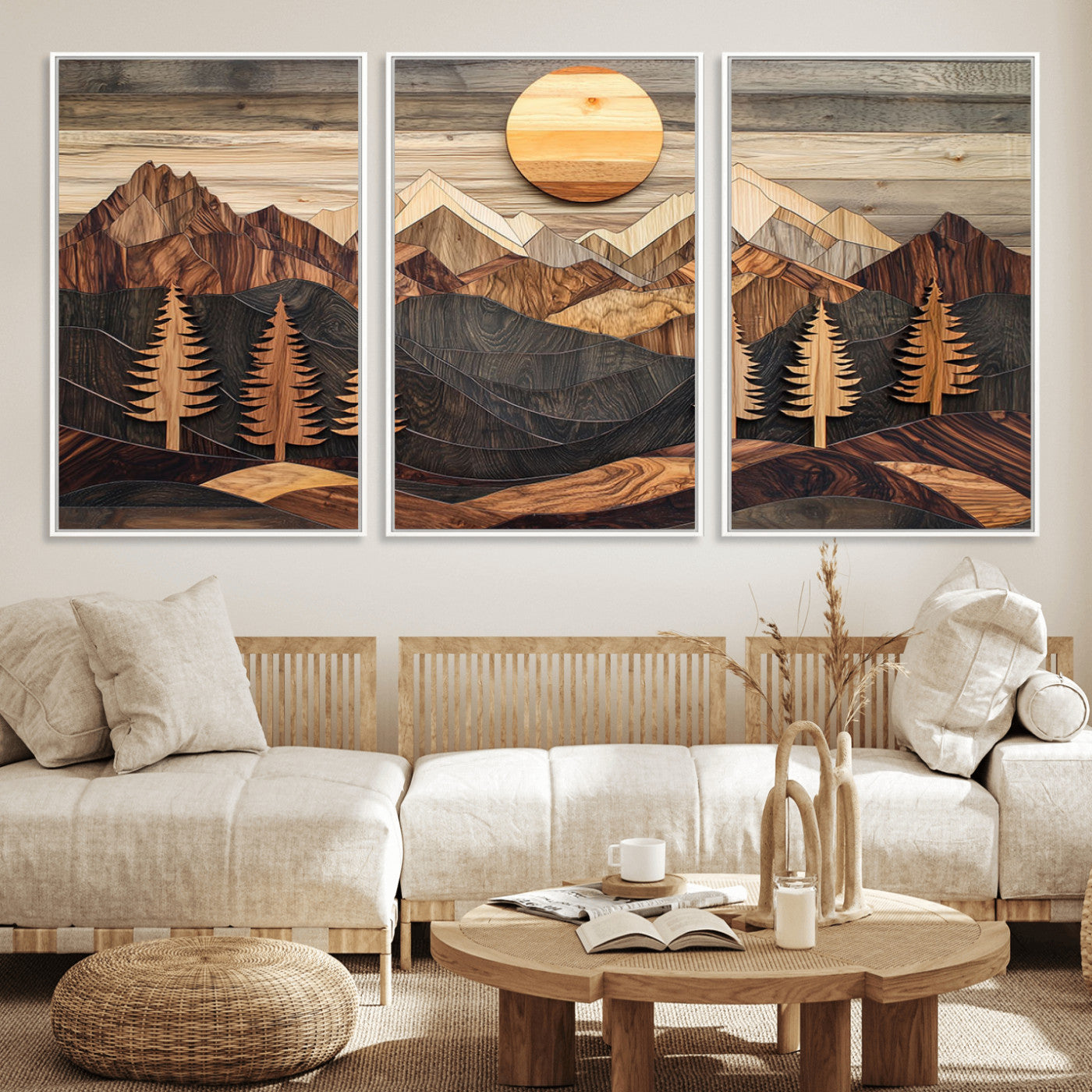 90044381-MGV-FC-60X30-3P_White-Rustic Wall Art – Wooden Mountain Landscape with Sun and Pine Trees, Handcrafted Nature Canvas Style Decor for Bedroom, Living