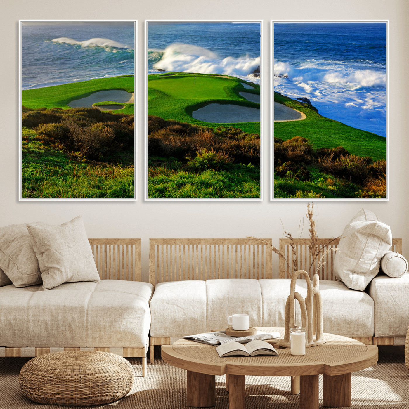 13644055-MGV-FC-60X30-3P_White-Golf Wall Art – Oceanfront Green Canvas Print, Scenic Coastal Course Photography Decor for Bedroom, Living Room, Office, Sports