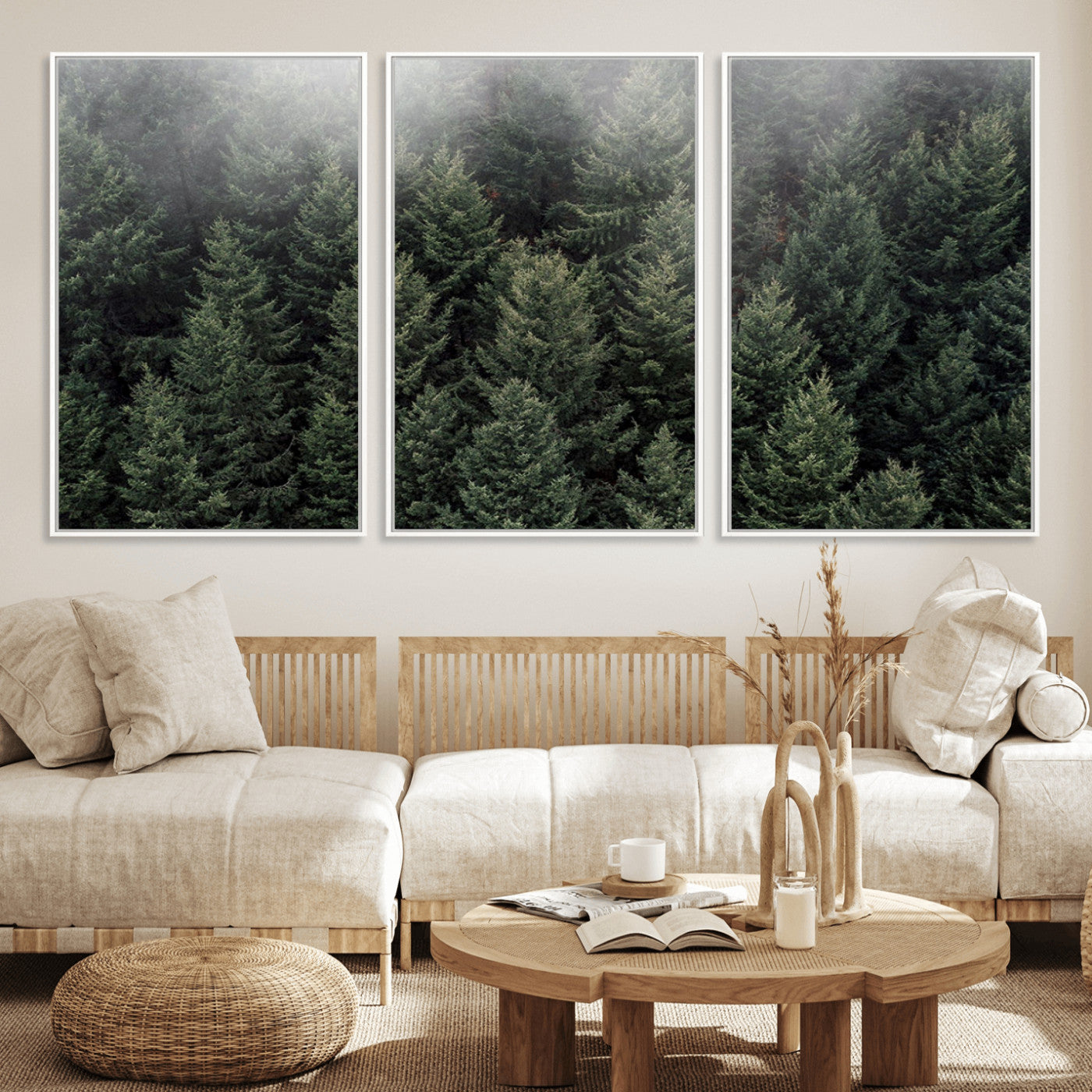 84059409-MGV-FC-60X30-3P_White-Forest Wall Art – Misty Evergreen Trees Canvas Print, Tranquil Nature Photography Decor for Bedroom, Living Room, Office, Cabin or