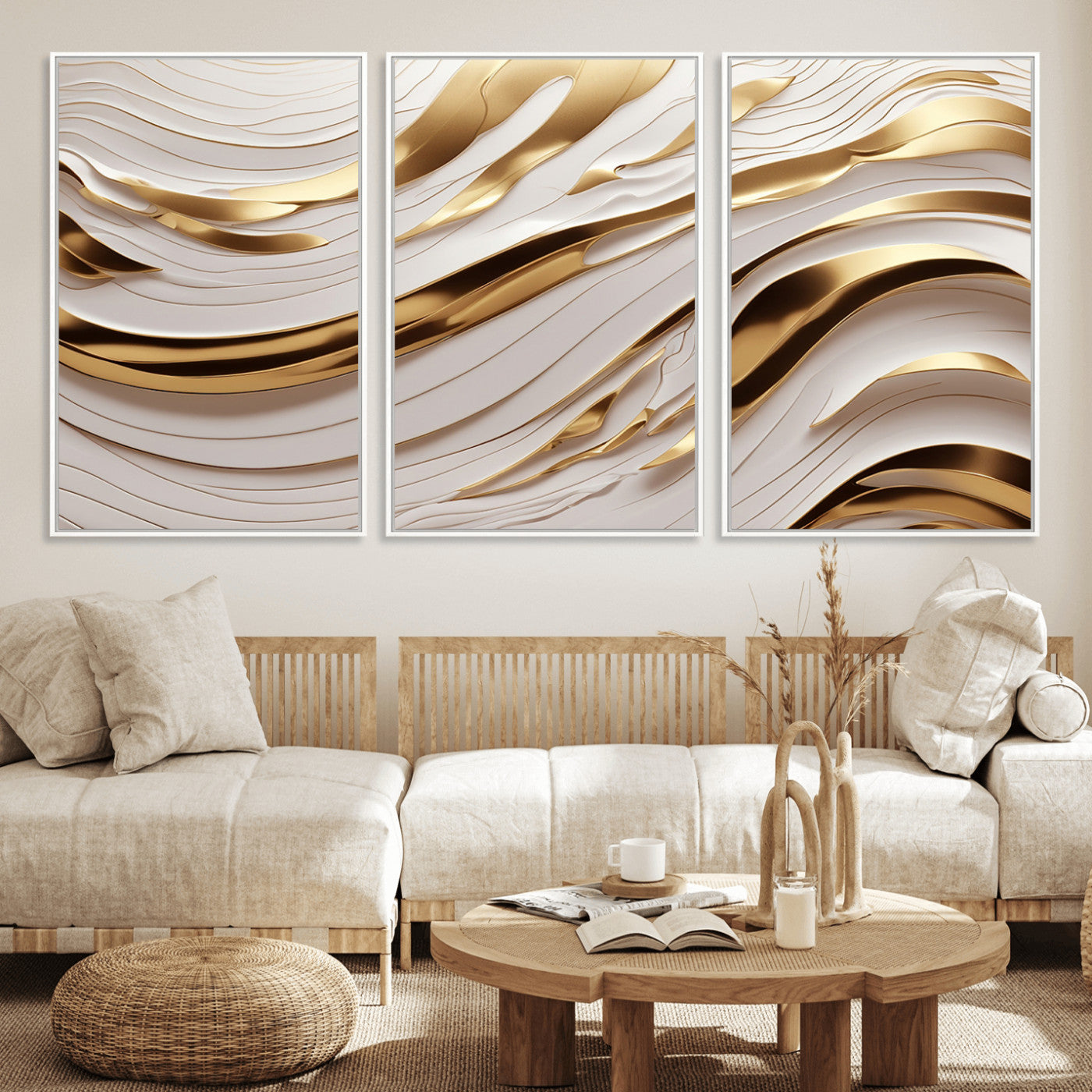 41237-MGV-FC-60X30-3P_White-Gold Waves Wall Art Canvas Print, Framed Elegant Flow Art Picture Print, Luxury Layers Perfect Minimal Luxe Decor Artwork