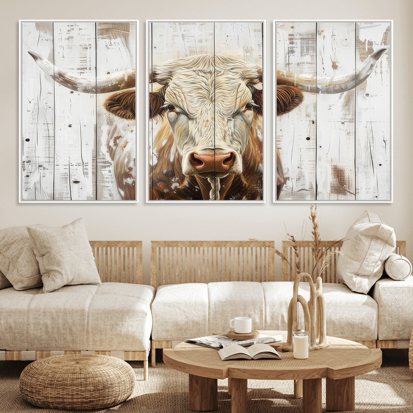 10840-MGV-FC-60X30-3P_White-Texas Longhorn Wall Art Canvas Print, Framed Rustic Bull Art Picture Print, Western Cattle Perfect Rustic Western Decor Artwork