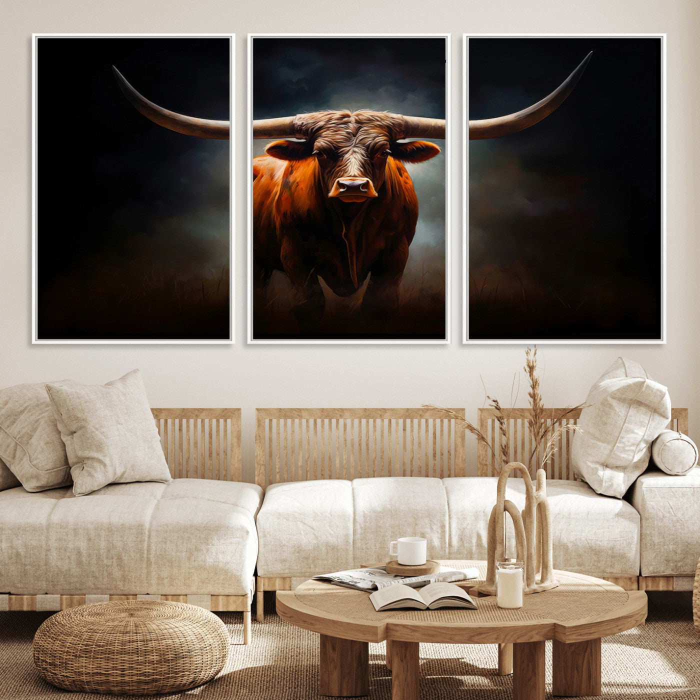12484-MGV-FC-60X30-3P_White-Texas Longhorn Wall Art Canvas Print, Framed Western Bull Art Picture Print, Moody Cattle Perfect Moody Western Decor Artwork
