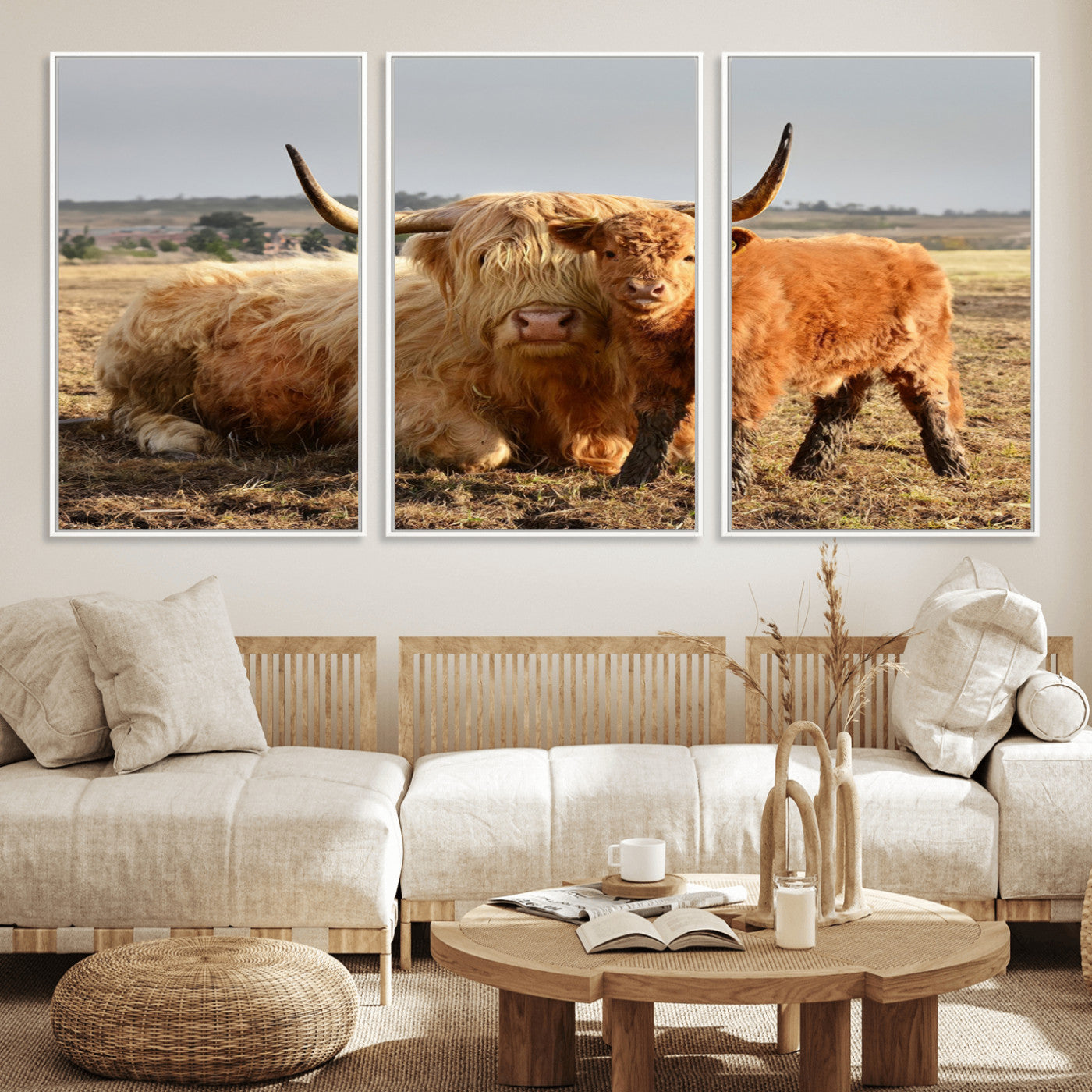 88780-MGV-FC-60X30-3P_White-Highland Cow Wall Art Canvas Print, Framed Cow Calf Art Picture Print, Scottish Cattle Perfect Rustic Farmhouse Decor Artwork