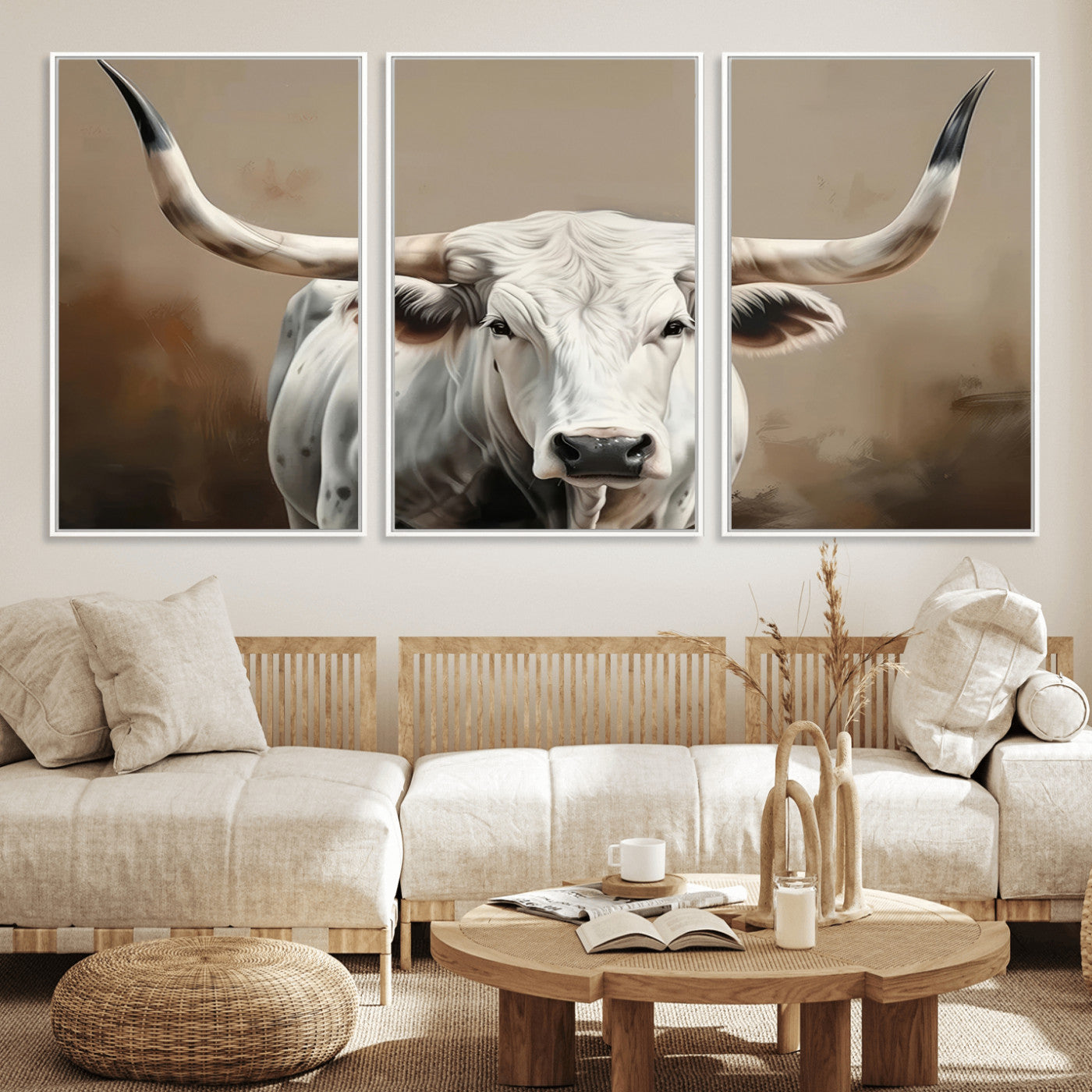 63550-MGV-FC-60X30-3P_White-Texas Longhorn Wall Art Canvas Print, Framed White Bull Art Picture Print, Horned Cattle Perfect Rustic Western Decor Artwork