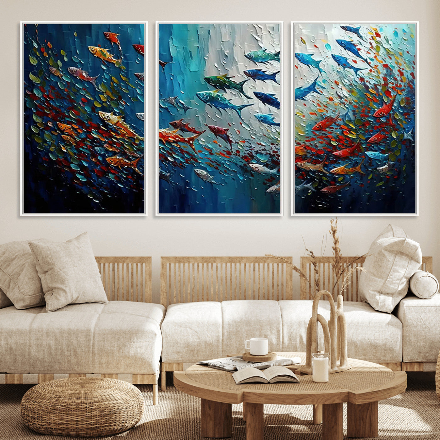 89626-MGV-FC-60X30-3P_White-Fish Swarm Wall Art Canvas Print, Framed Abstract Ocean Art Picture Print, Underwater Life Perfect Vibrant Coastal Decor Artwork