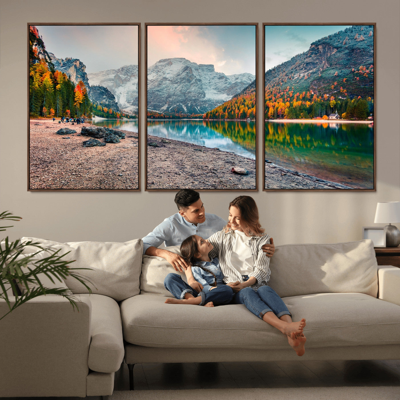 25982-MGV-CV-36X24-Autumn Mountain Lake Wall Art – Panoramic Fall Foliage and Snowy Peaks Canvas Print, Scenic Nature Decor for Living Room or Office