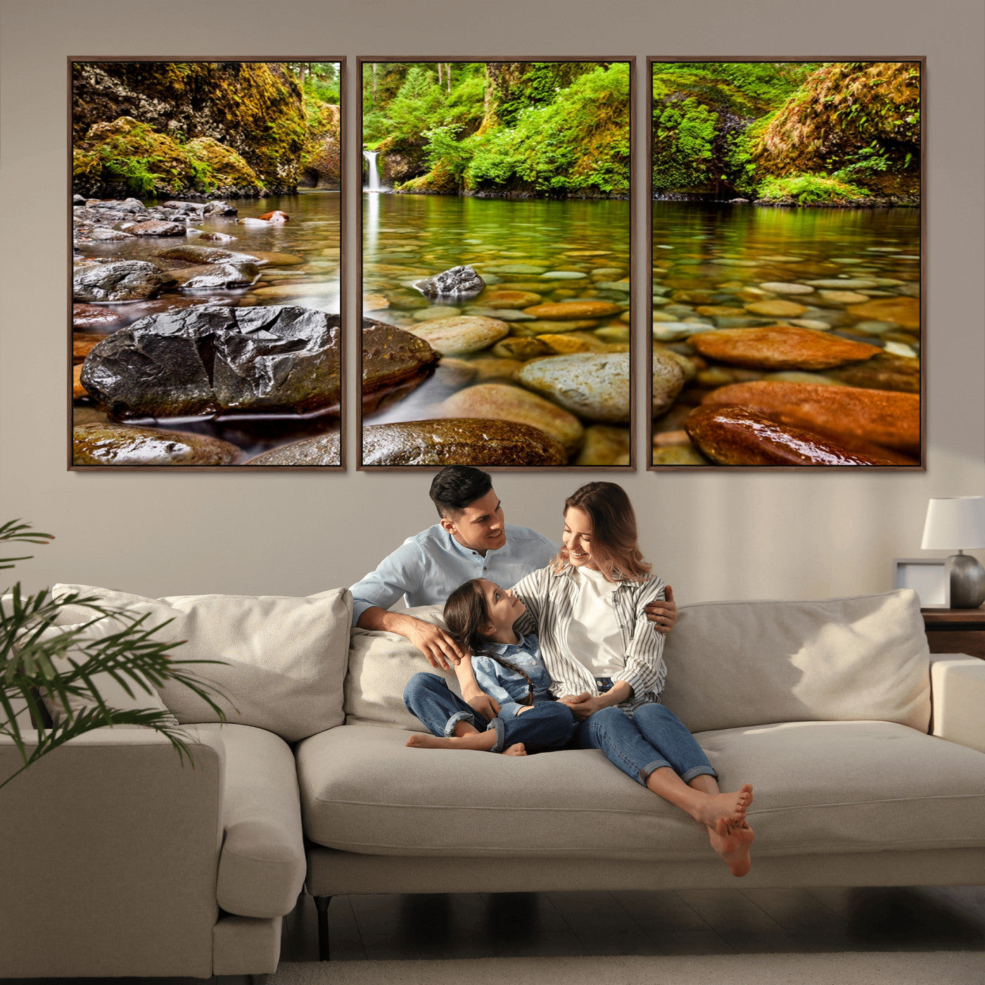 98096-MGV-CV-36X24-Serene River Waterfall Nature Photo – Calm Clear Water, Vibrant Green Forest and Smooth Stones Landscape Wall Art for Home or