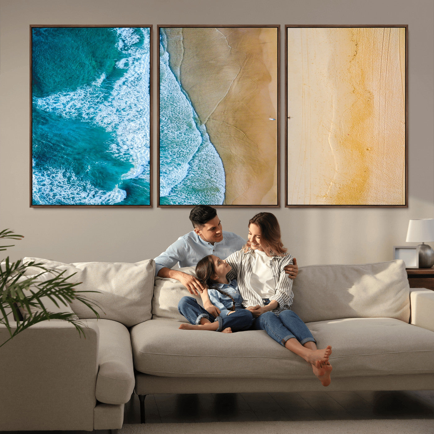 46640-MGV-CV-36X24-Aerial Beach Wall Art – Turquoise Waves and Golden Sand Canvas Print with Lone Surfer, Coastal Ocean Decor for Living Room,