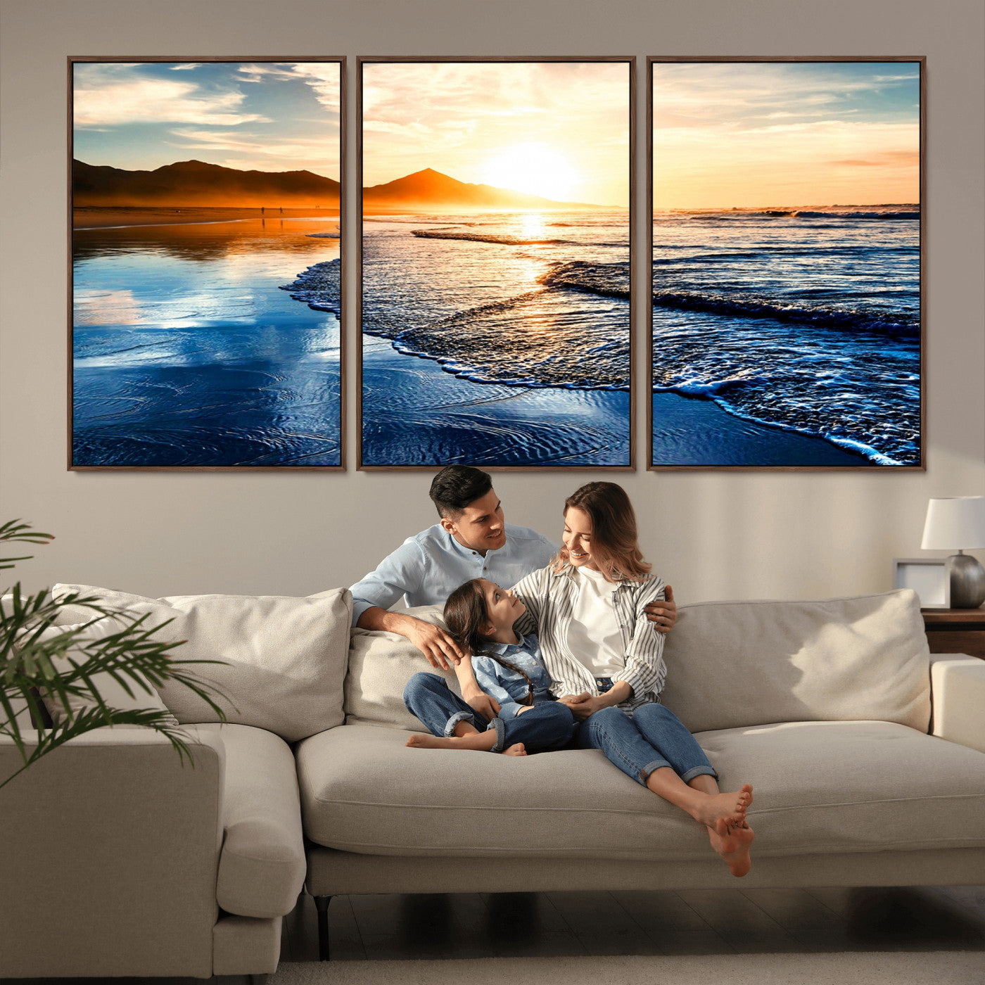 86173-MGV-CV-36X24-Golden Sunset Beach Wall Art – Reflective Ocean Canvas Print with Mountains and Waves, Coastal Nature Decor for Living Room,