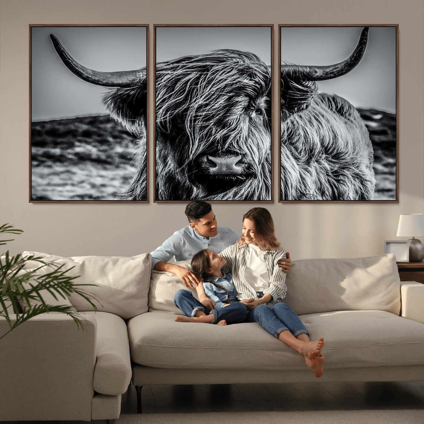 97372-MGV-CV-36X24-Elegant Highland Cow Wall Art – Black and White Canvas Print, Rustic Nature Decor for Home, Office, Living Room or Man Cave