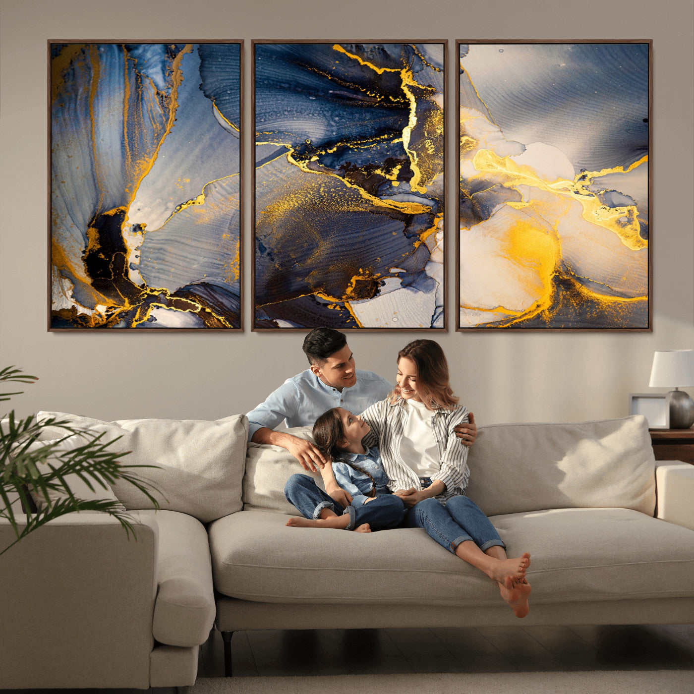 42100-MGV-CV-36X24-Golden Flow Abstract Wall Art – Panoramic Modern Blue and Gold Canvas Print, Contemporary Artistic Decor for Home, Office