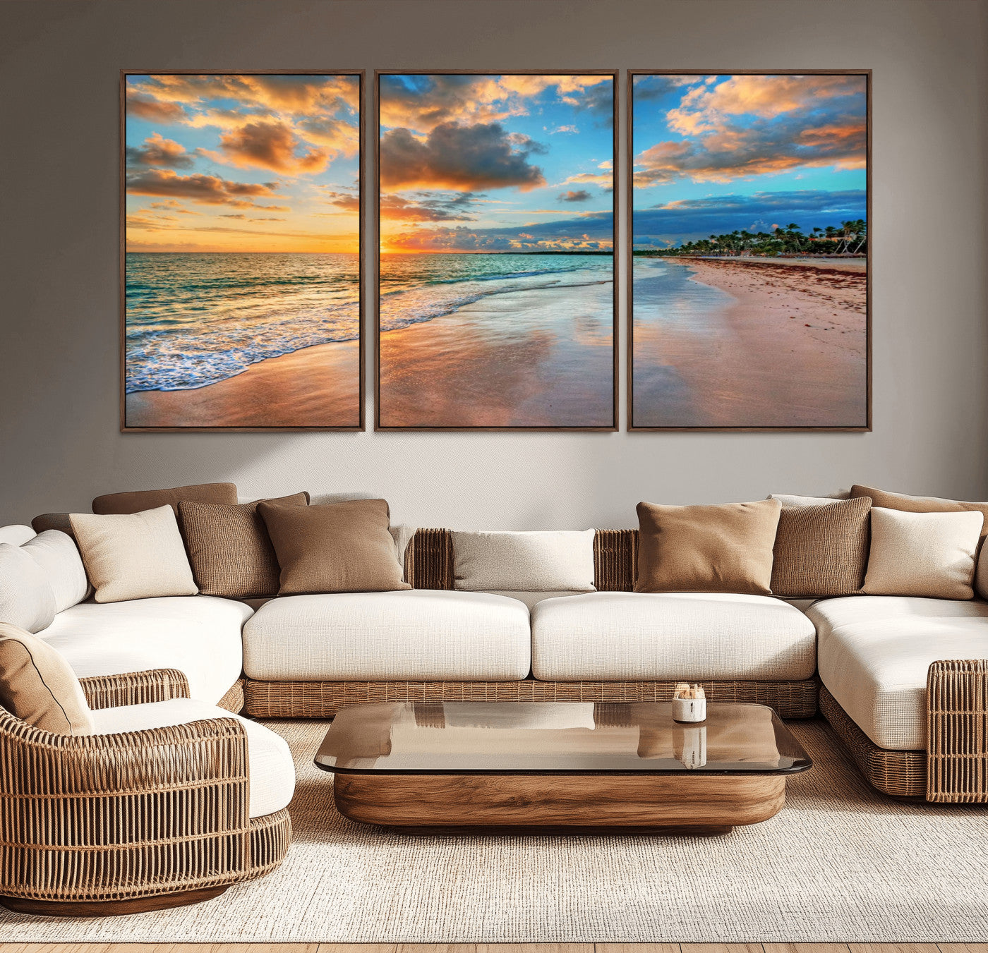 41572-MGV-CV-36X24-Sunset Beach Wall Art – Ocean Waves and Palm Trees Canvas Print, Tropical Coastal Sunset Seascape Decor for Living Room, Bedroom