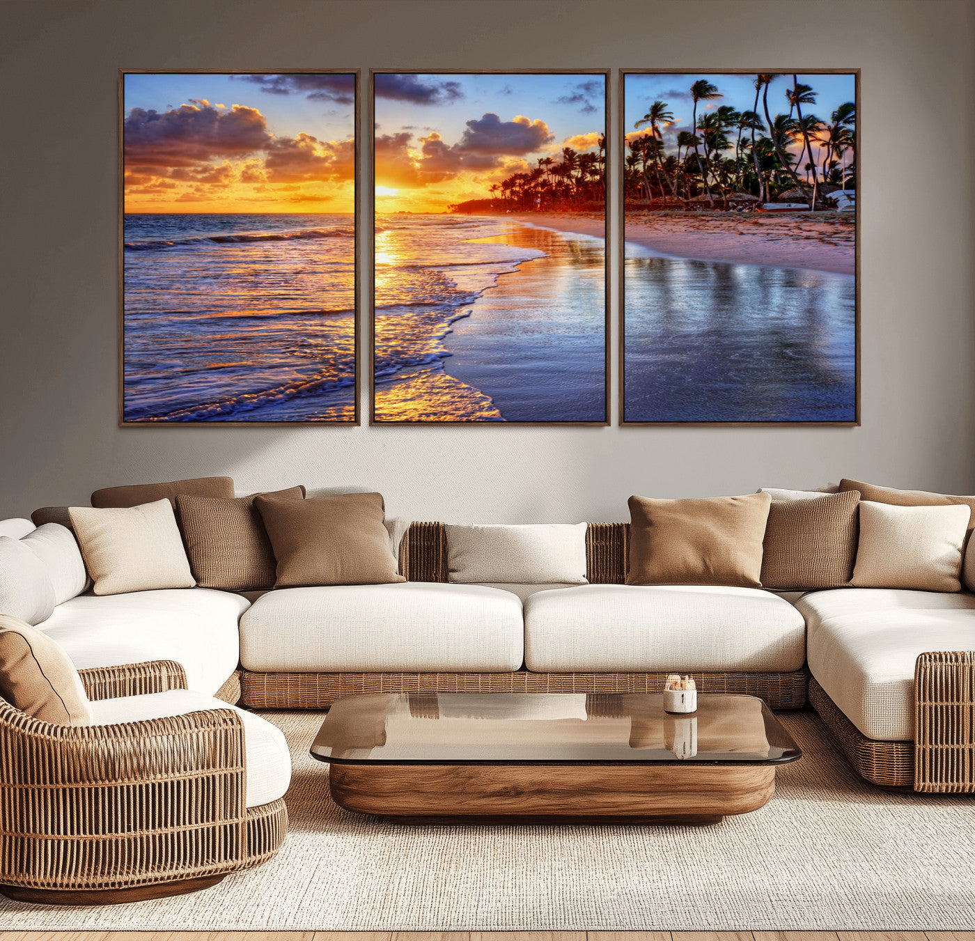 19917-MGV-CV-36X24-Tropical Sunset Beach Wall Art – Panoramic Palm Trees and Ocean Canvas Print, Vibrant Coastal Decor for Living Room, Office or Man
