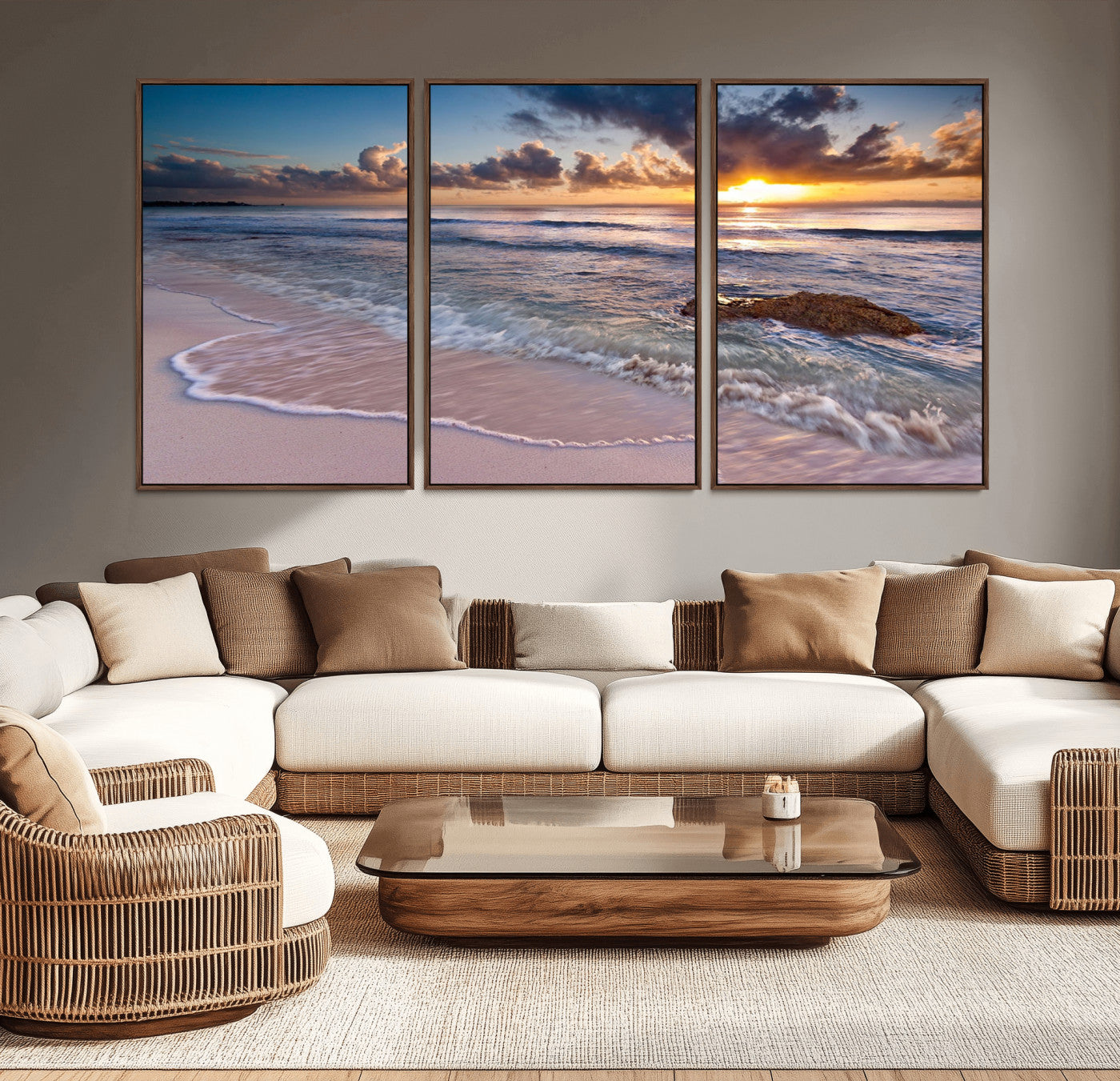 94906-MGV-CV-36X24-Sunrise Beach Wall Art – Panoramic Ocean Waves Canvas Print, Coastal Sunset Seascape Artwork for Living Room, Bedroom, or Office