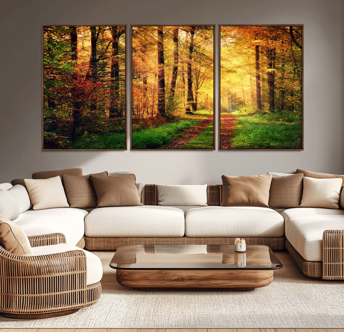 73494-MGV-CV-36X24-Golden Autumn Forest Path Wall Art – Sunlit Woodland Canvas Print, Fall Nature Landscape Home Decoration