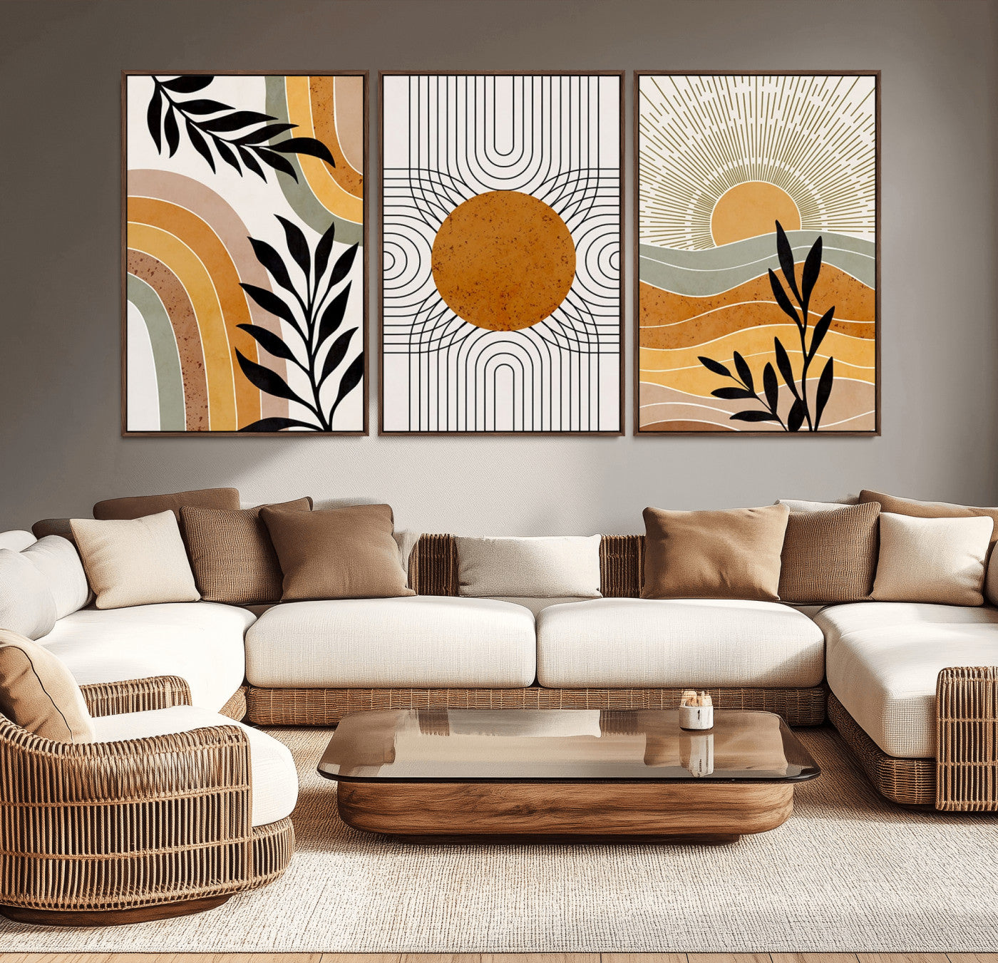 44668-MGV-CV-60X30-3P-Mid Century Modern Wall Art – Abstract Sun and Rainbow Canvas Print, Minimalist Geometric Boho Decor for Living Room, Bedroom or