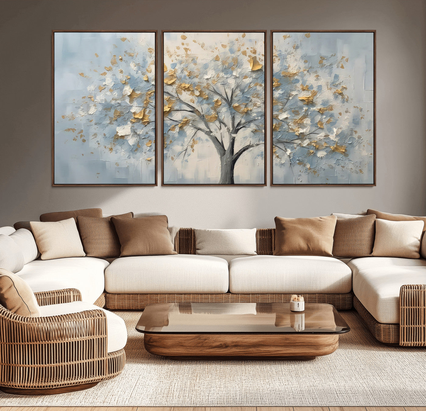 65811-MGV-CV-36X24-Abstract Tree Wall Art – Textured Canvas Painting with Gold and White Leaves, Modern Nature Inspired Decor for Living Room or