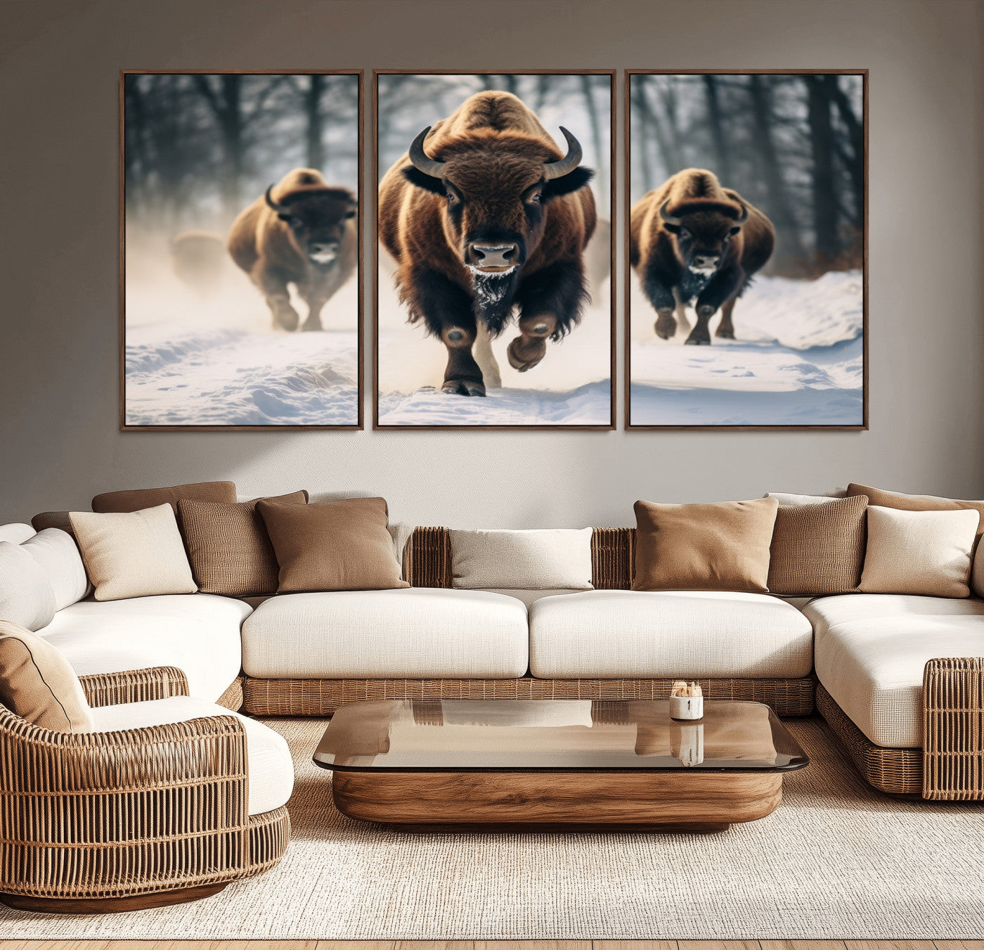 56549-MGV-CV-36X24-Wild Bison Wall Art – Majestic Buffalo Herd Running in Snow Canvas Print, Rustic Wildlife Photography Decor for Cabin, Lodge, or