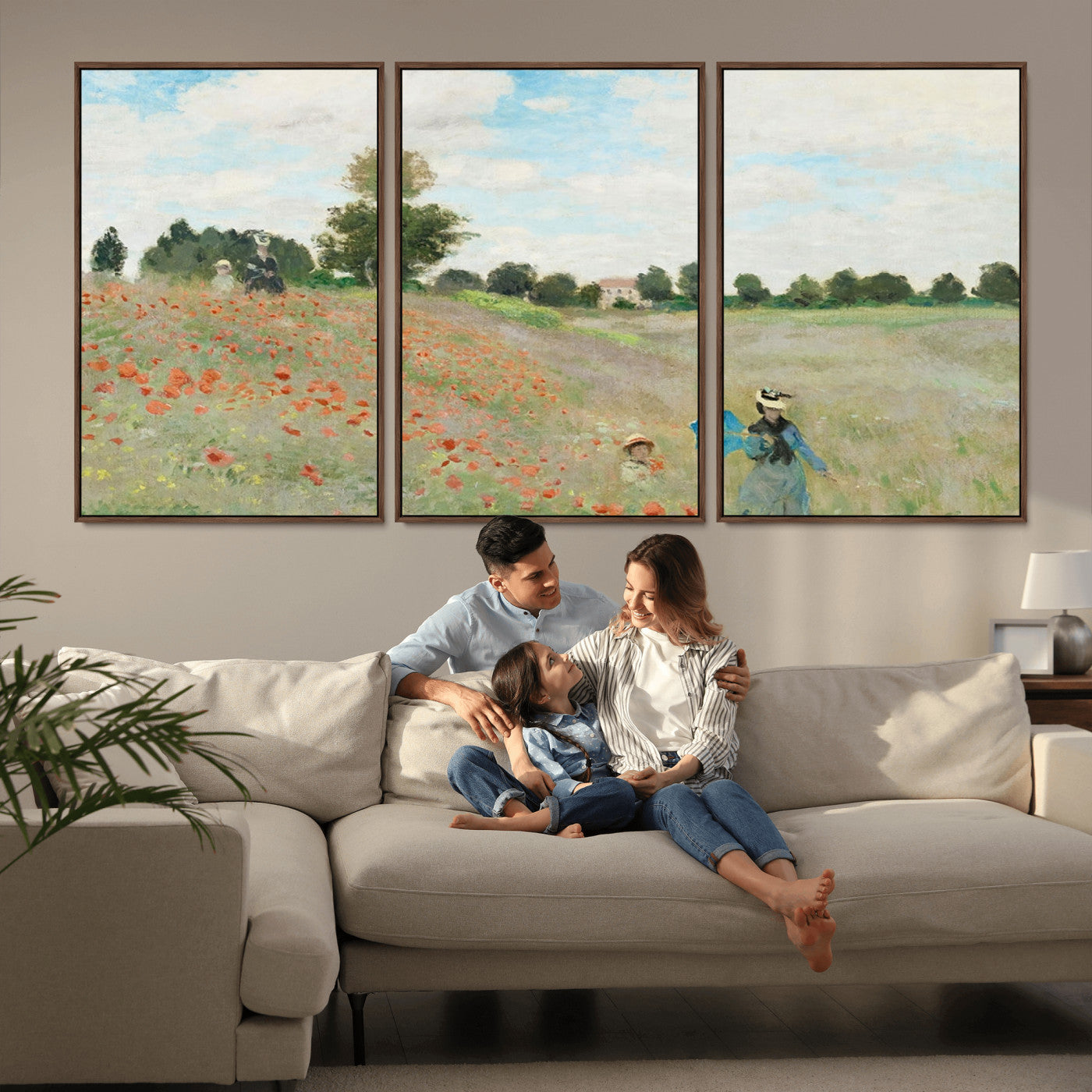 74890-MGV-FC-60X30-3P_Walnut-Monet Poppy Field Wall Art – Impressionist Landscape Canvas Print, Classic French Artwork for Living Room, Bedroom or Office Decor