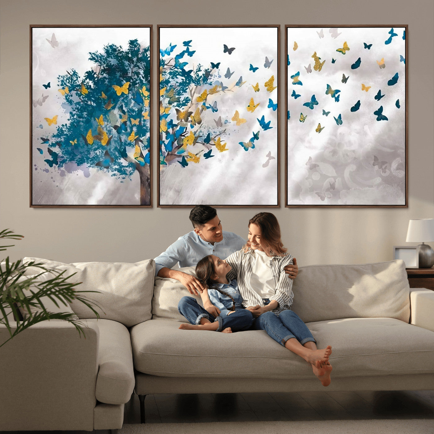 37564-MGV-CV-36X24-Butterfly Tree Wall Art – Modern Nature Canvas Print with Blue and Golden Butterflies, Elegant Decorative Painting for Living Room