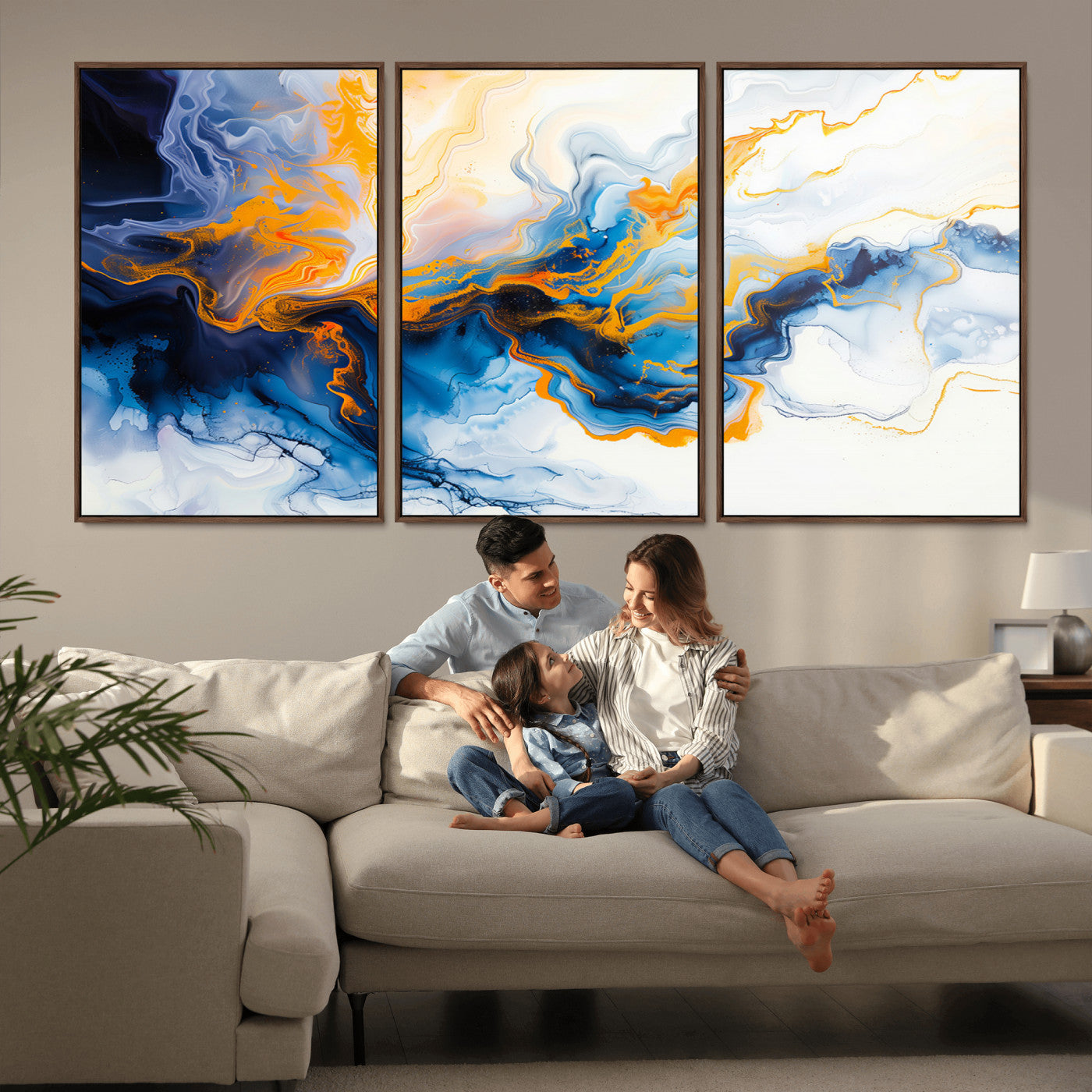 83720-MGV-FC-60X30-3P_Walnut-Abstract Fluid Wall Art – Blue, White and Gold Swirl Canvas Painting, Modern Contemporary Artwork for Living Room, Bedroom or