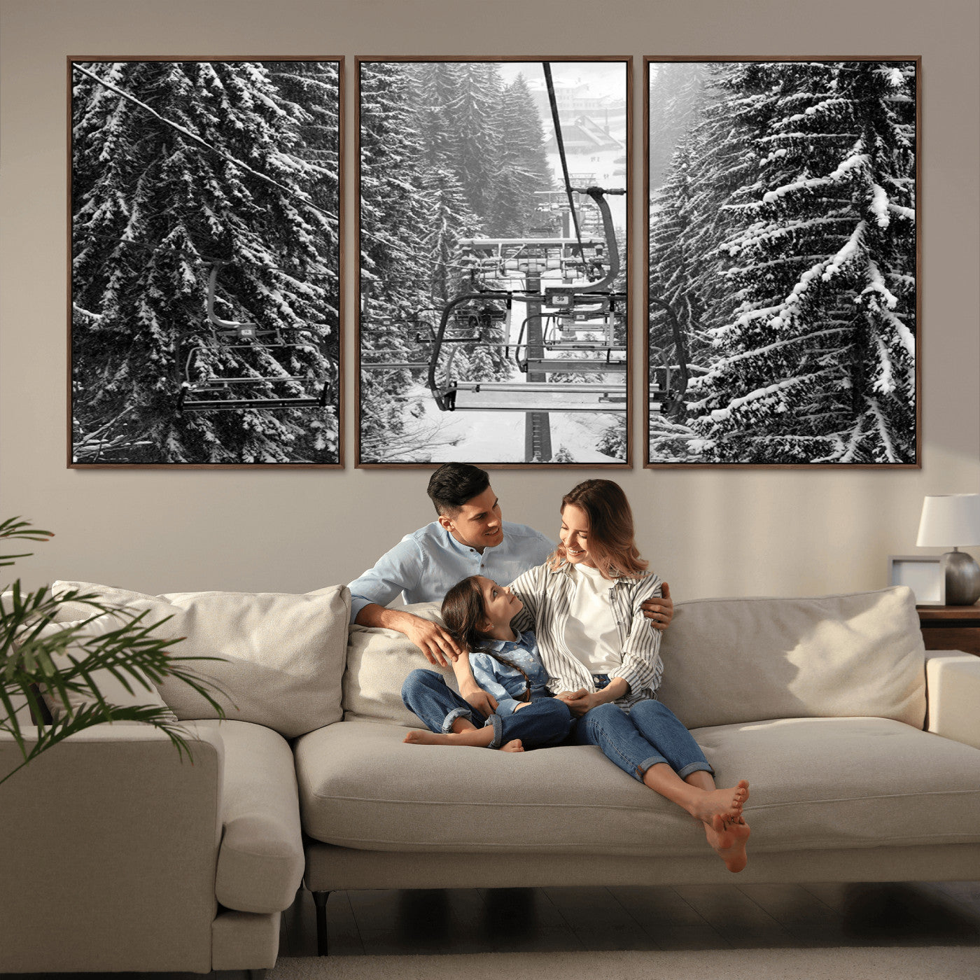 19240-MGV-CV-36X24-Ski Lift Wall Art – Black and White Winter Mountain Canvas Print, Snowy Forest Ski Resort Photography for Cabin, Lodge, Office or
