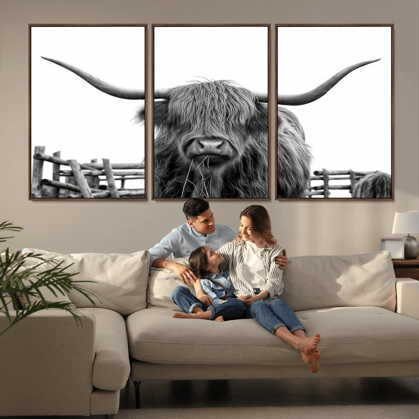 58188-MGV-CV-36X24-Highland Cow Wall Art – Black and White Rustic Farmhouse Canvas Print, Longhorn Cattle Photography Decor for Living Room or