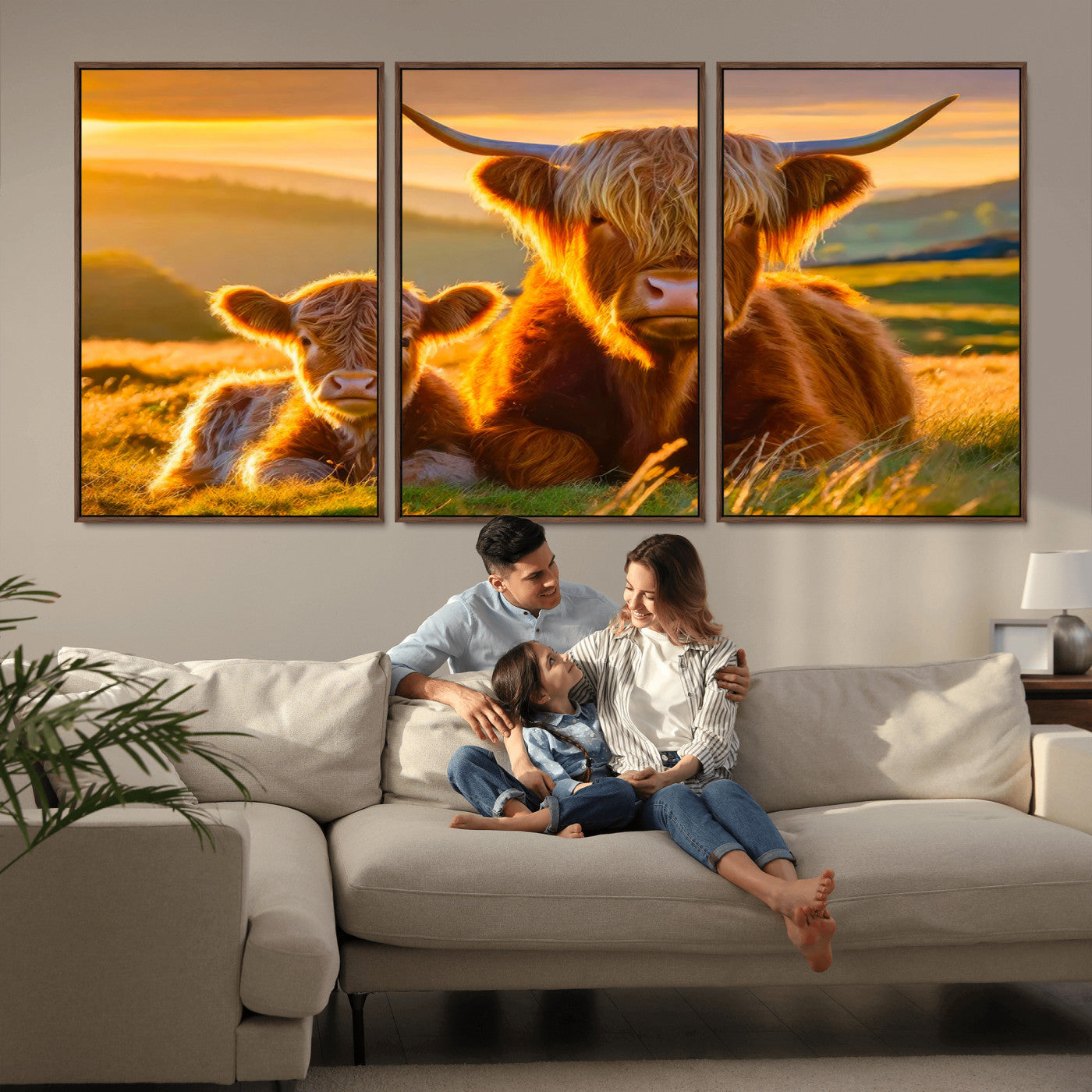 20567-MGV-CV-36X24-Highland Cow and Calf Wall Art – Rustic Farmhouse Sunset Cattle Canvas Print, Country Animal Artwork for Living Room, Bedroom, or