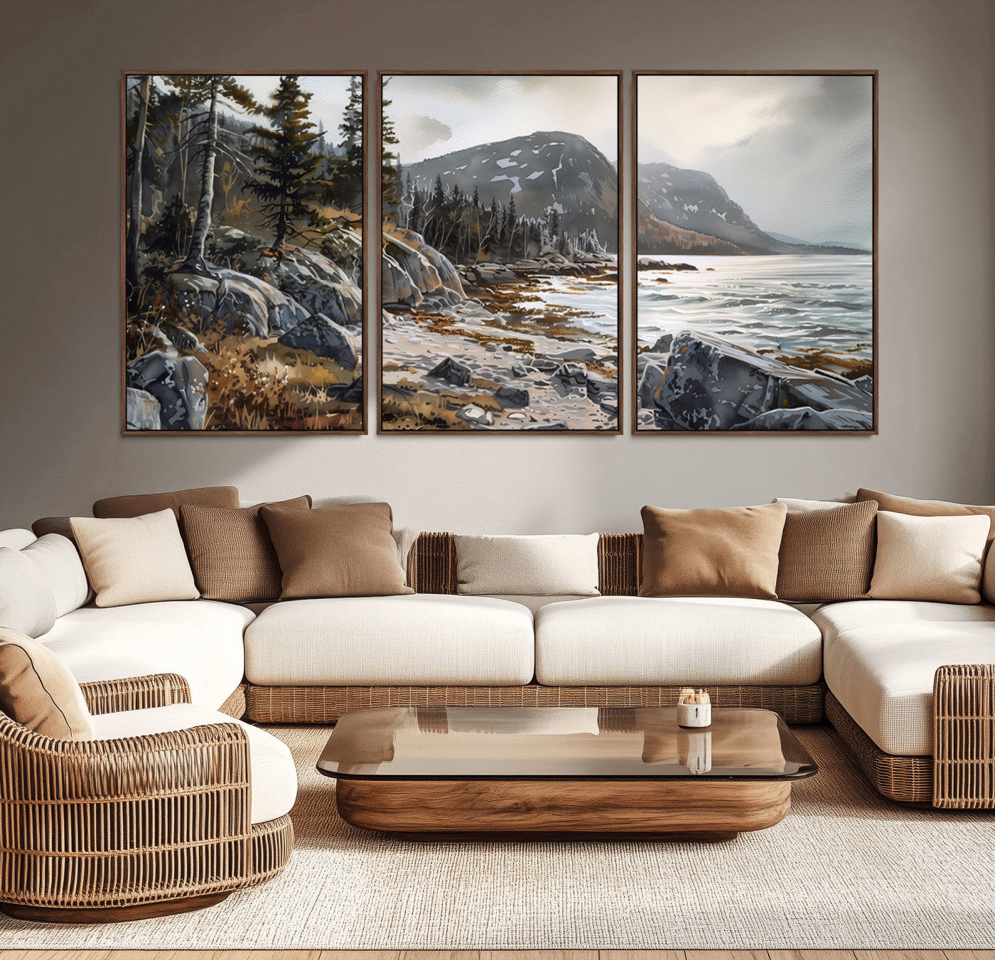 41281-MGV-CV-36X24-Rocky Shoreline Wall Art – Panoramic Mountain Coast and Forest Canvas Print, Rustic Nature Landscape Decor for Cabin, Lodge, or