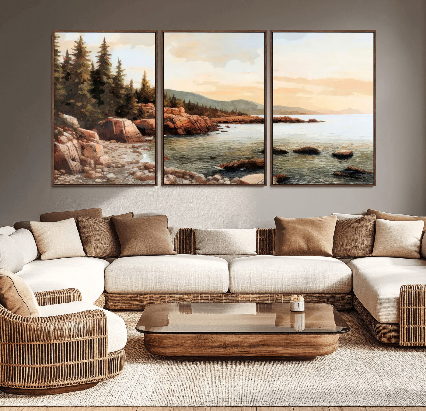 77145-MGV-CV-36X24-Coastal Landscape Wall Art – Panoramic Rocky Shoreline and Pine Trees Canvas Print, Rustic Nature Decor for Cabin, Lodge, Office,