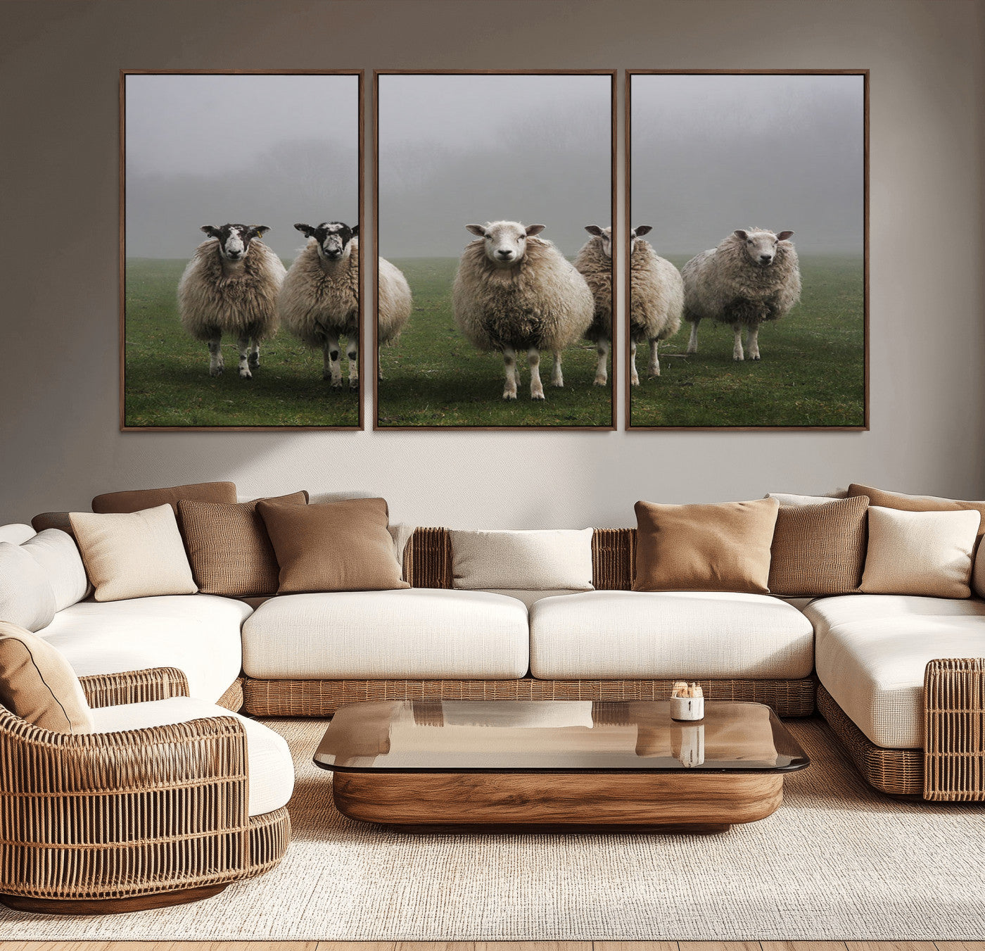 87339-MGV-CV-36X24-Sheep Wall Art – Rustic Farmhouse Canvas Print Flock Standing Misty Field Countryside Photography, Country Animal Decor for Living