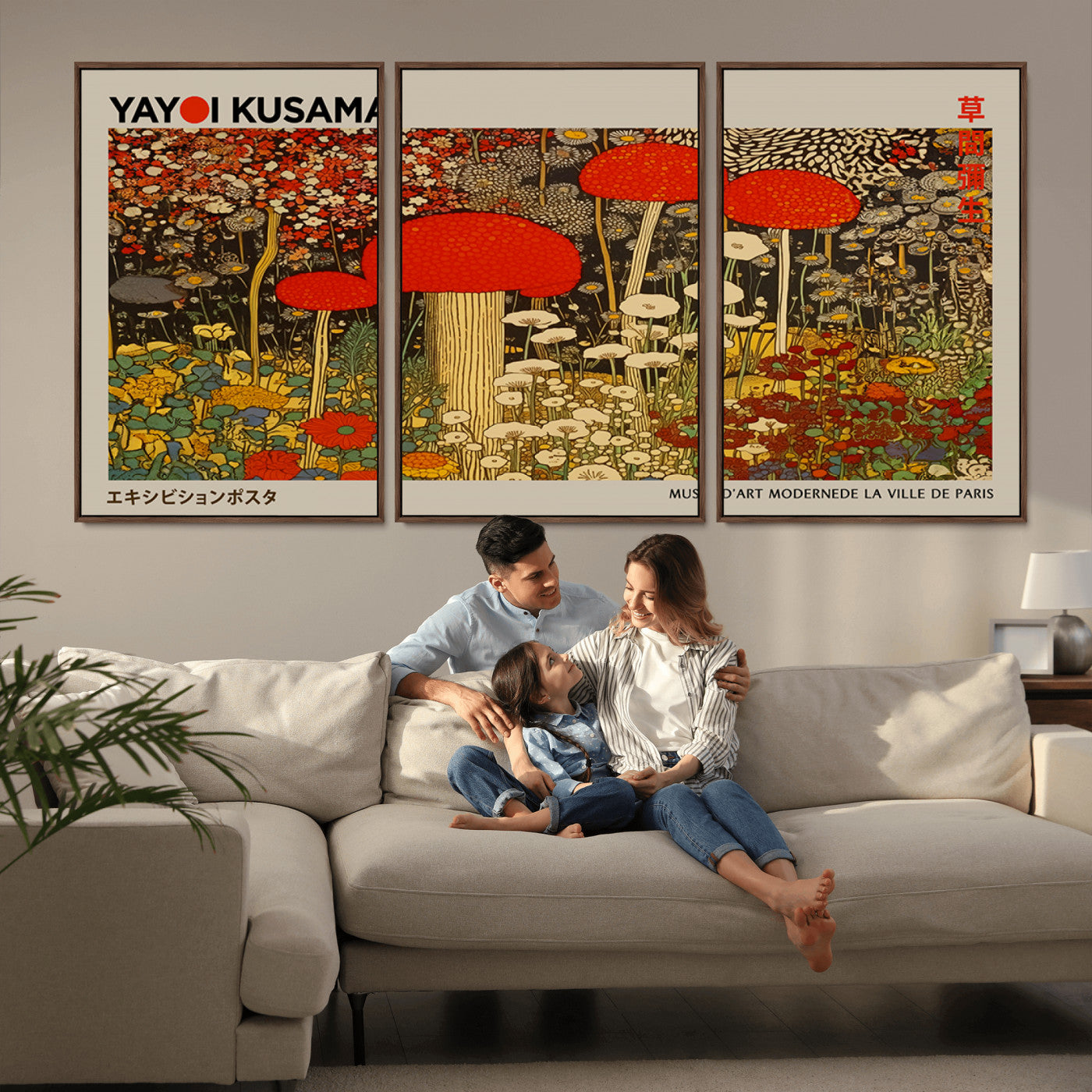 38013-MGV-CV-36X24-Yayoi Kusama Inspired Mushroom Garden Wall Art – Whimsical Botanical Canvas Print, Surreal Nature Poster, Fantasy Floral Artwork