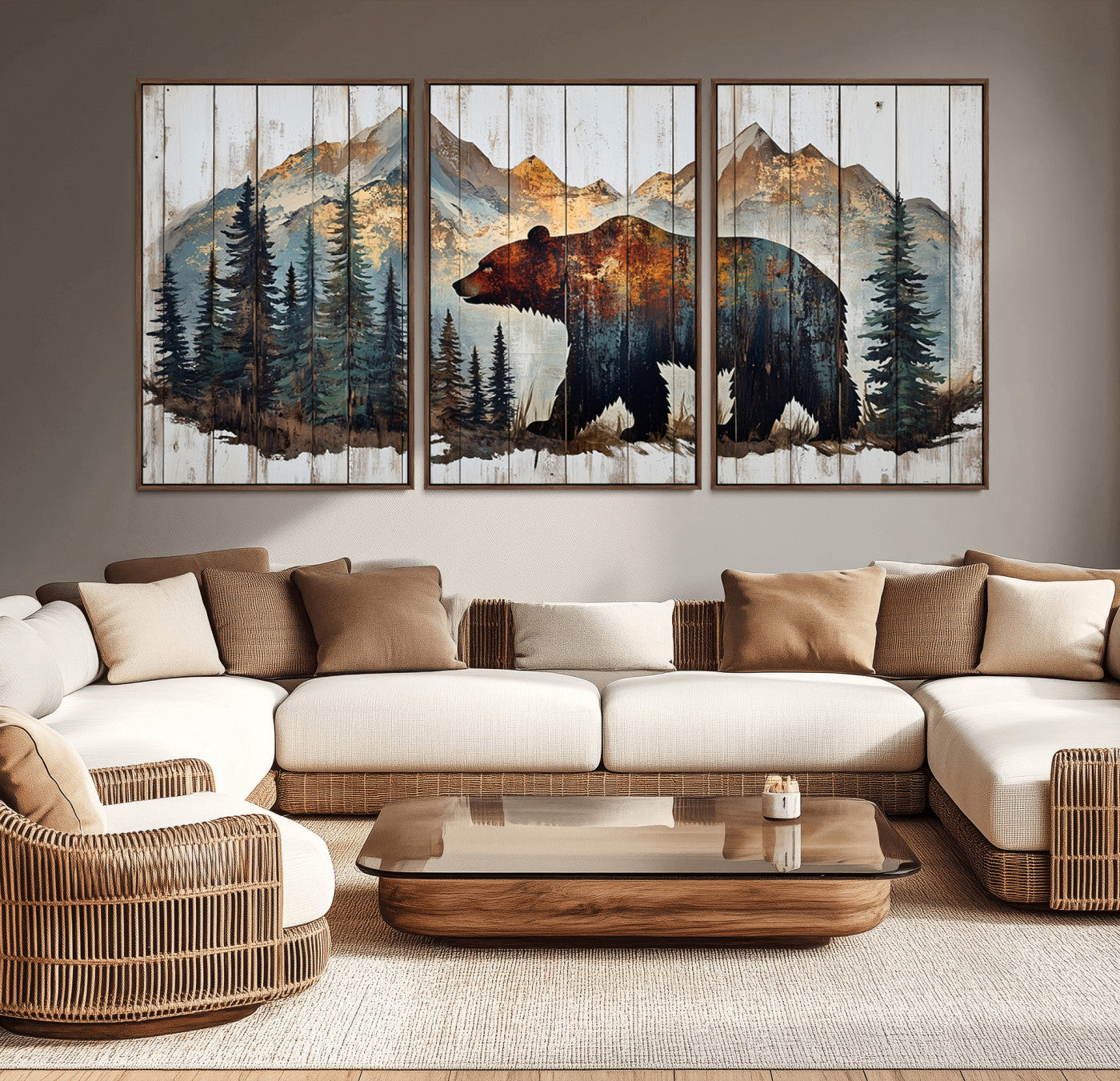 55777-MGV-CV-36X24-Rustic Bear Wall Art Canvas Print, Framed Mountain and Forest Art Picture Print, Wooden Bear Perfect Rustic Lodge Decor Artwork