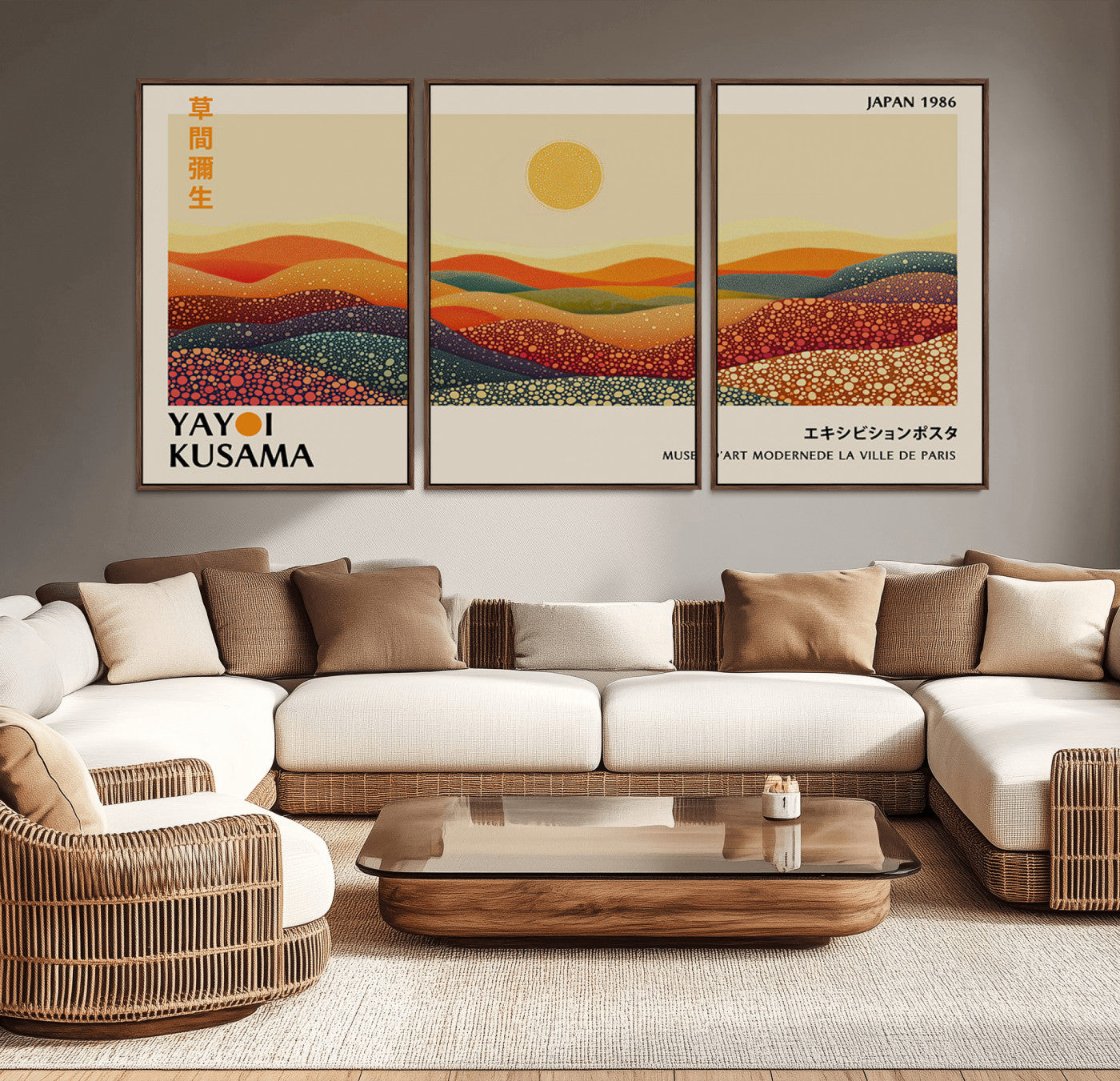 88180-MGV-CV-36X24-Yayoi Kusama Landscape Wall Art – Abstract Dotted Mountain Canvas Print, Retro Sun Poster for Modern Living Room, Office or