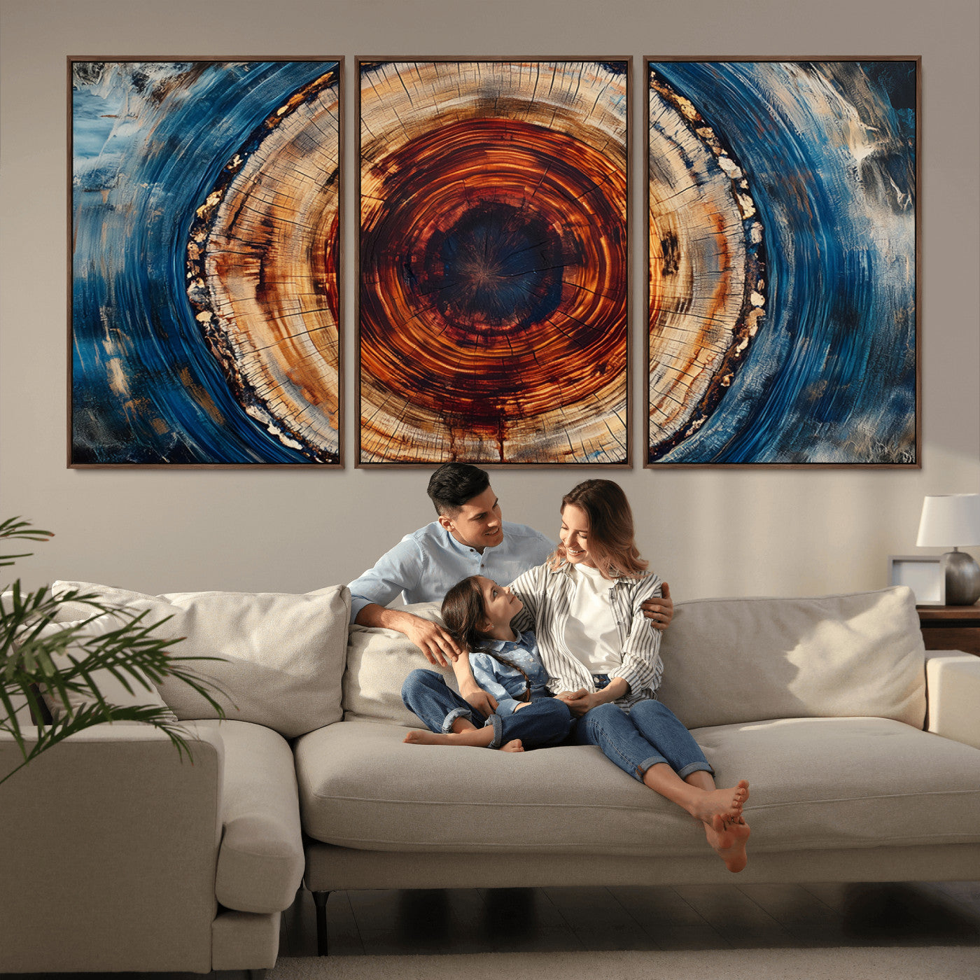 90395-MGV-CV-36X24-Tree Ring Wall Art – Abstract Wood Grain Canvas Print with Fiery Red and Blue Tones, Bold Rustic Nature Inspired Artwork Decor for