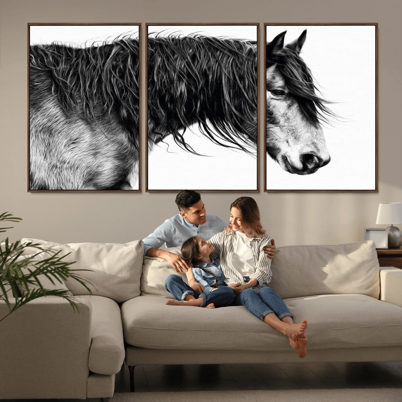 57694-MGV-CV-36X24-Horse Portrait Wall Art – Black and White Canvas Print with Detailed Stallion Profile, Rustic Farmhouse Equestrian Artwork for