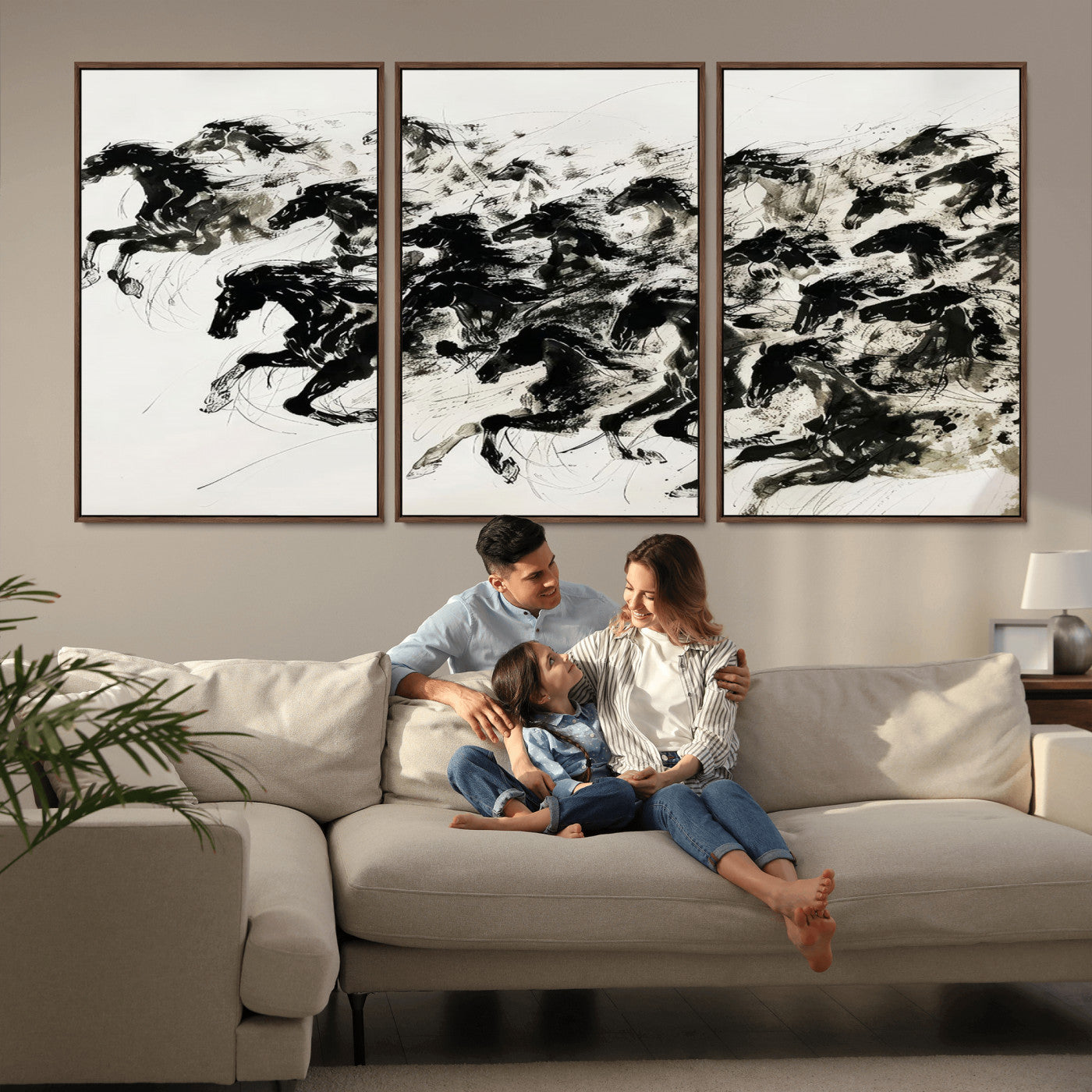 23069-MGV-CV-36X24-Galloping Horses Wall Art – Black Ink Painting on Canvas, Dynamic Equestrian Artwork with Running Stallions, Expressive Modern