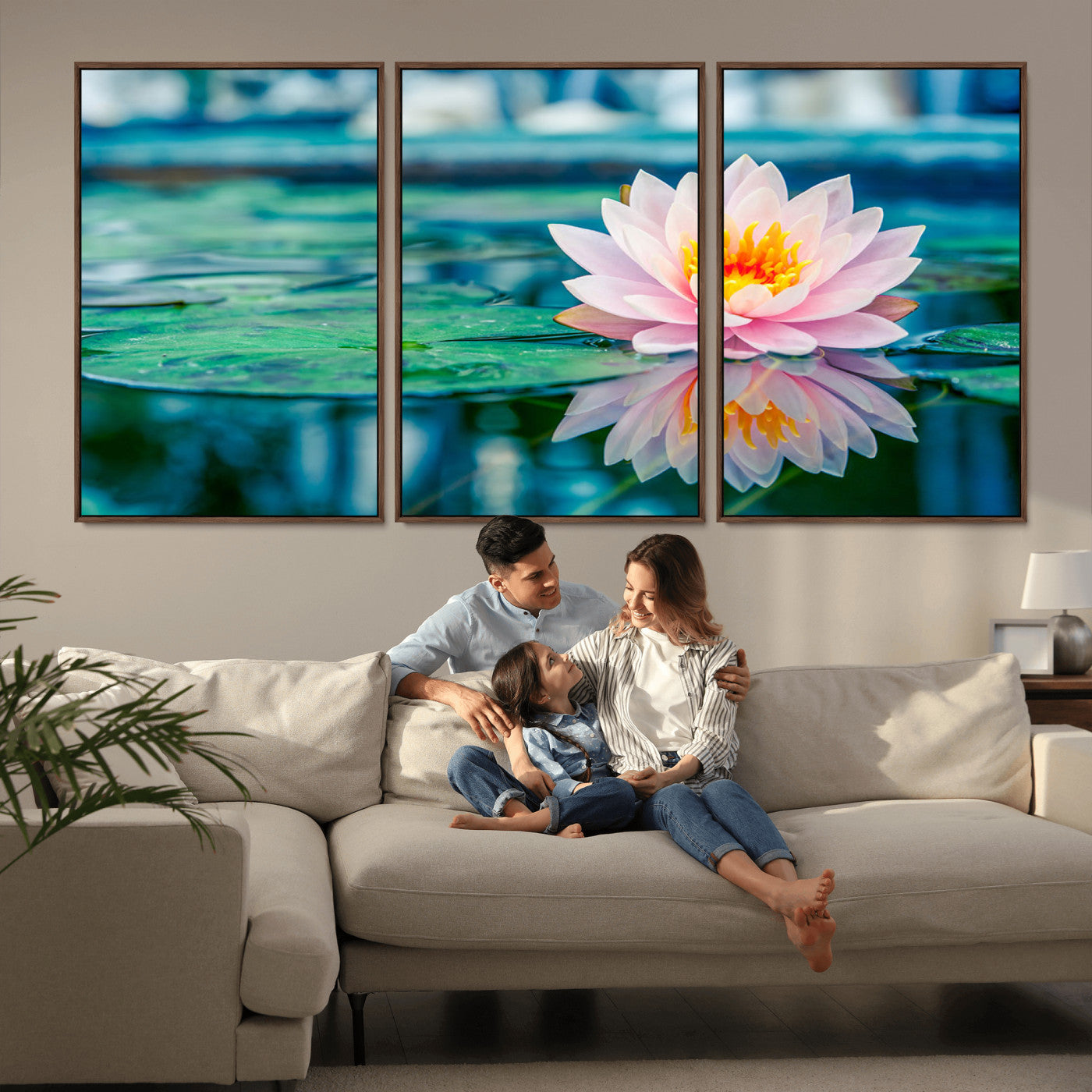 65933-MGV-CV-36X24-Pink Water Lily Wall Art – Lotus Flower Canvas Print with Reflection on Calm Water, Peaceful Botanical Artwork for Living Room,