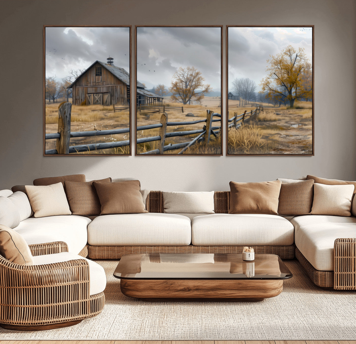 Farm1-MGV-CV-36X24-Rustic Autumn Farmhouse Wall Art – Serene Countryside Scene Canvas Print, Weathered Barn and Autumn Trees Decor for Living Room,