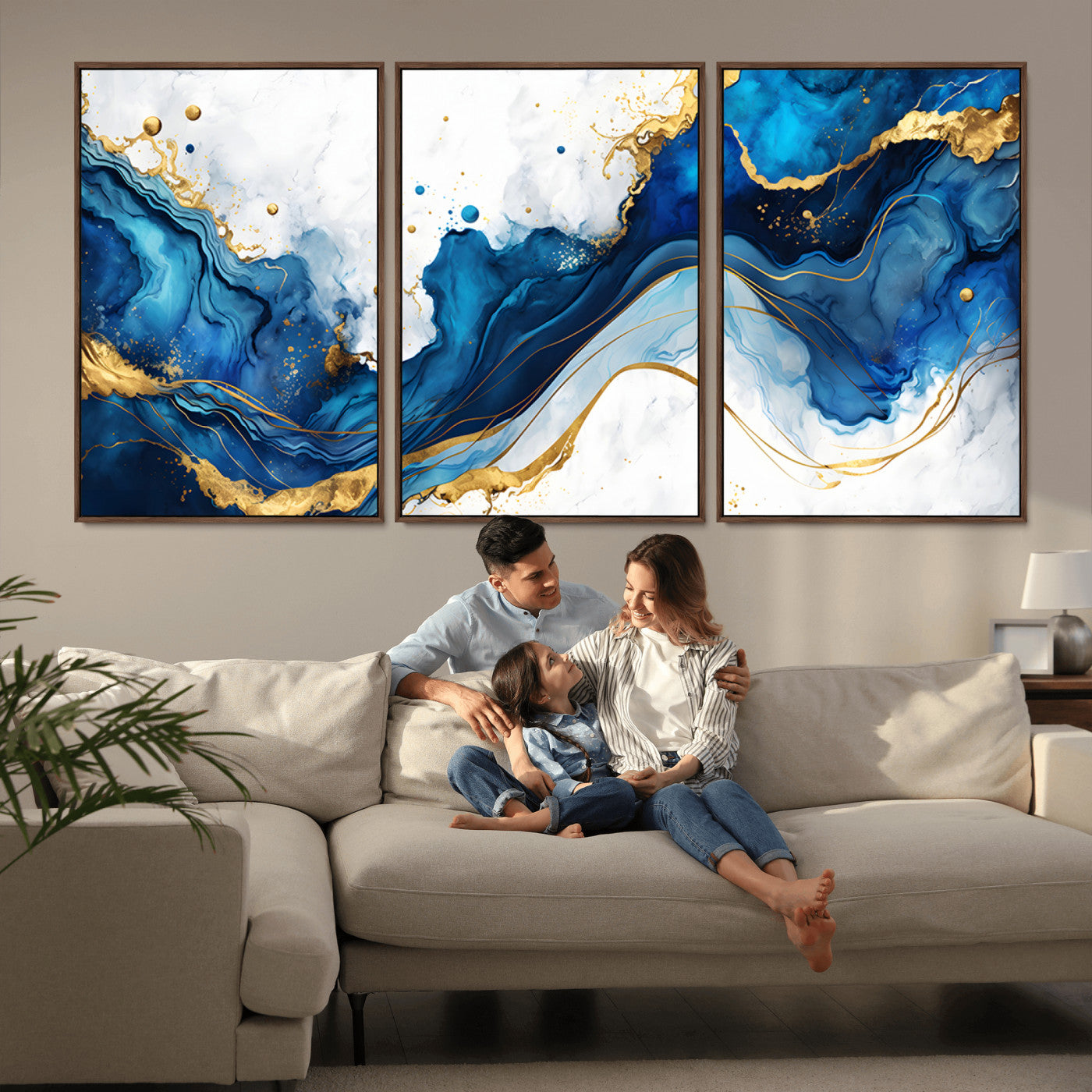 33506371-MGV-CV-36X24-Blue Marble Wall Art Canvas Print, Framed Gold Splash Art Picture Print, Abstract Wave Perfect Modern Luxe Decor Artwork