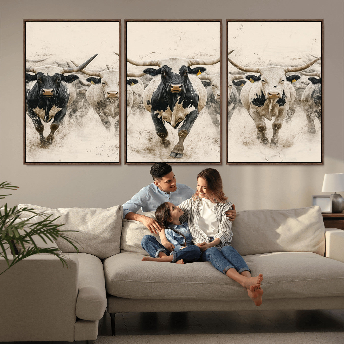 61538944-MGV-CV-36X24-Texas Longhorn Wall Art Canvas Print, Framed Cattles Walking Art Picture Print, Black White Bulls Perfect Rustic Western Decor