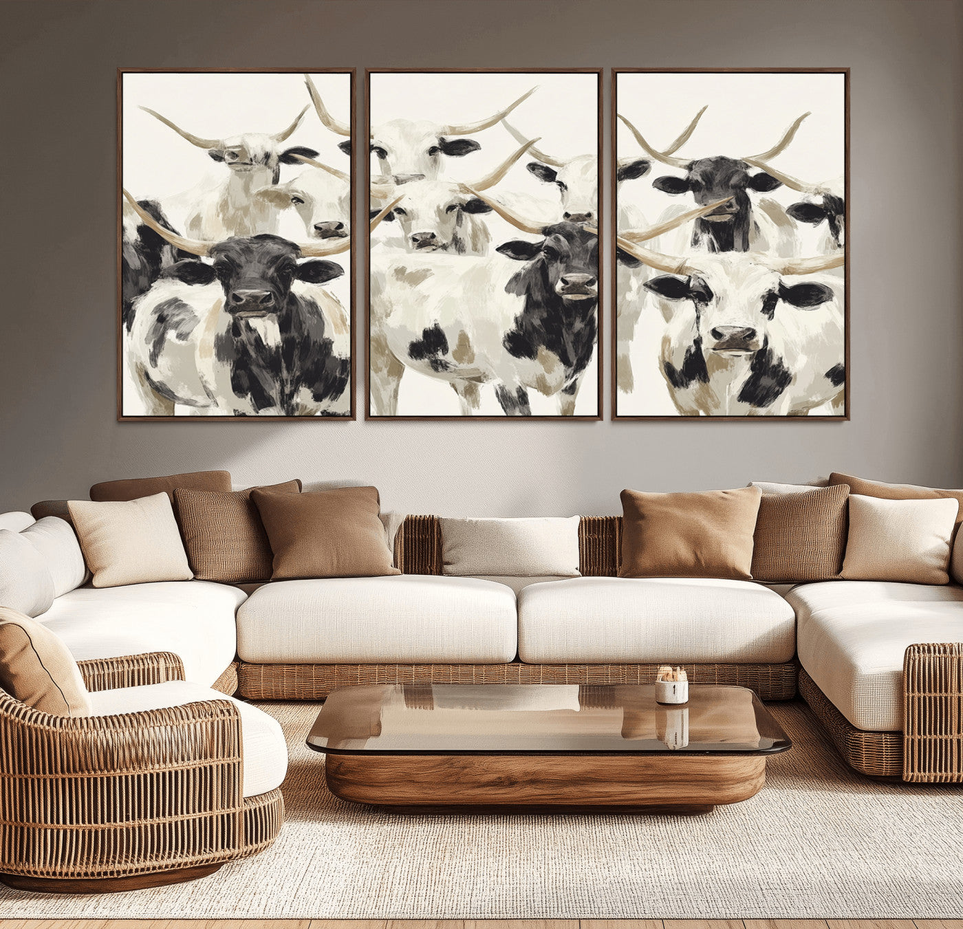 52947970-MGV-CV-36X24-Texas Longhorn Wall Art Canvas Print, Framed Cattle Herd Art Picture Print, Herd Portrait Perfect Modern Farmhouse Decor Artwork