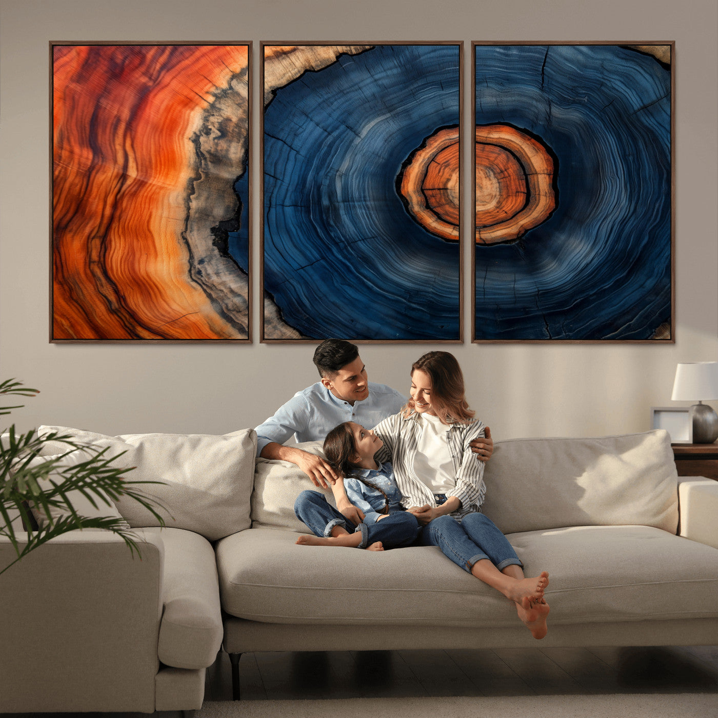 72209152-MGV-CV-36X24-Abstract Tree Ring Wall Art – Vibrant Blue Orange Wood Grain Canvas Print, Rustic Modern Nature Artwork for Living Room, Office,