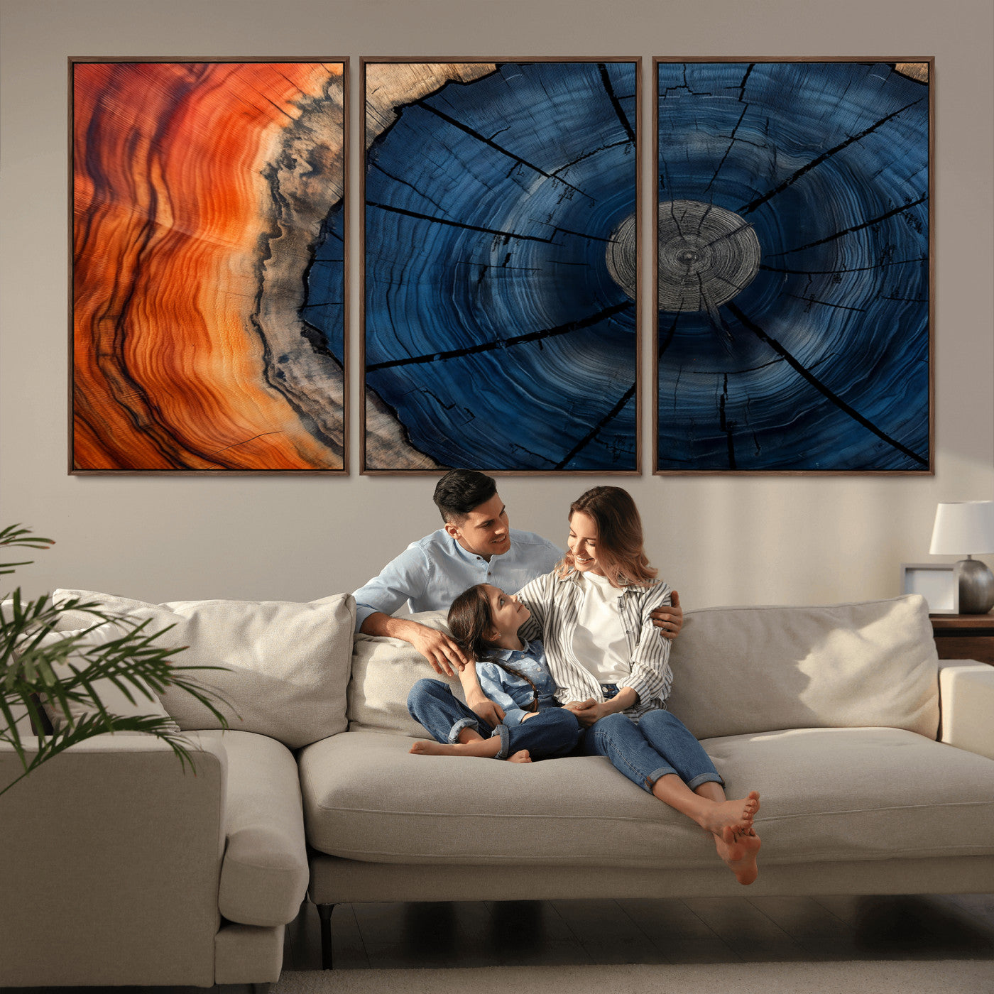 26110607-MGV-CV-36X24-Blue and Orange Tree Ring Wall Art – Abstract Wood Cross Section Canvas Print, Modern Rustic Nature Decor for Living Room, Office,