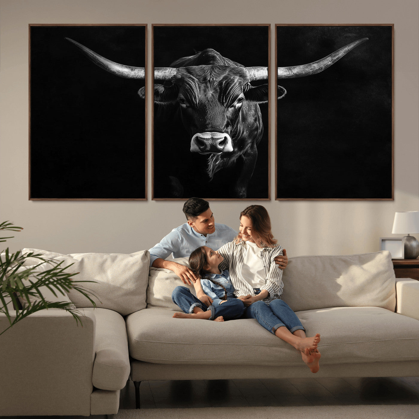 42077175-MGV-CV-36X24-Texas Longhorn Wall Art Canvas Print, Framed Monochrome Bull Art Picture Print, Horned Bull Perfect Rustic Western Decor Artwork