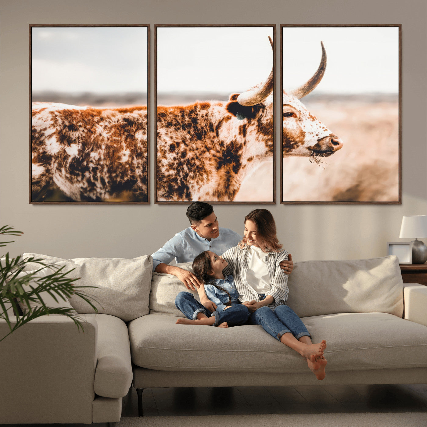 11528295-MGV-CV-36X24-Speckled Longhorn Wall Art Canvas Print, Framed Texas Cattle Art Picture Print, Horned Cow Perfect Rustic Western Decor Artwork