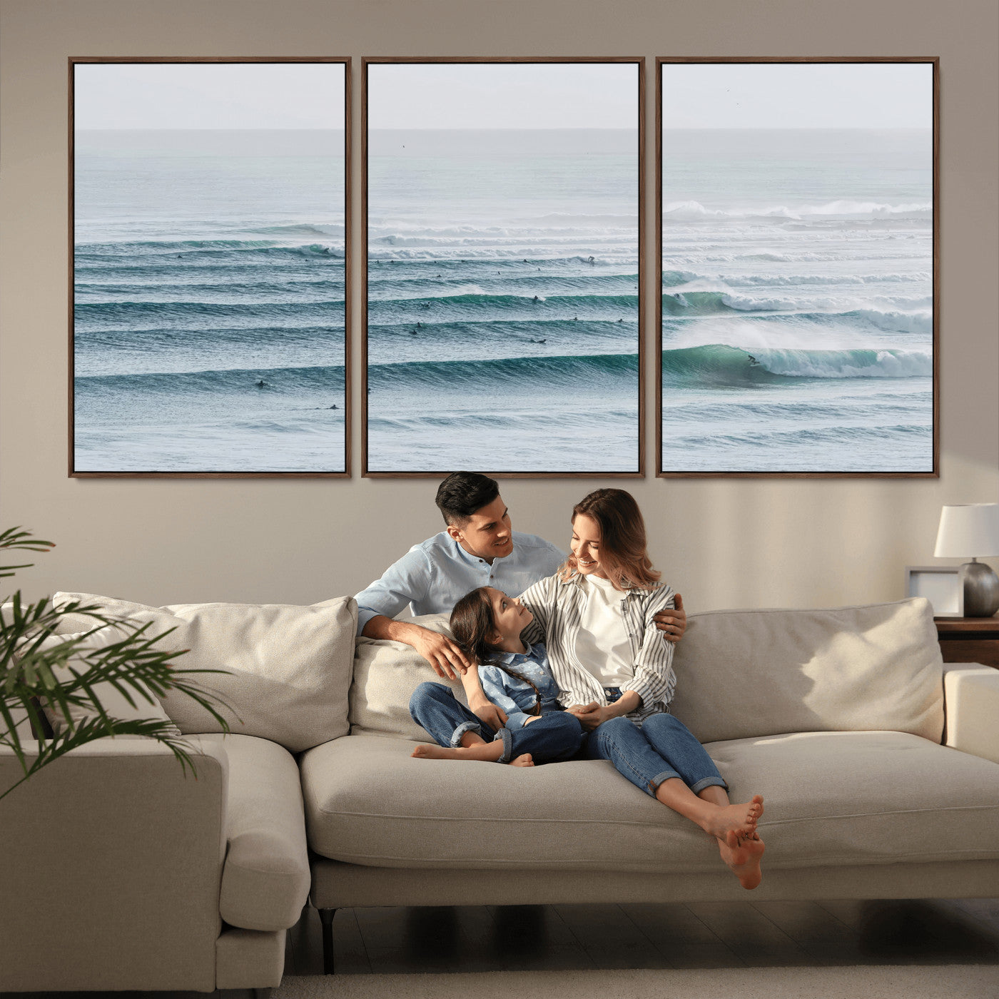 73969318-MGV-CV-36X24-Ocean Waves Wall Art Canvas Print, Framed Surfer Lineup Art Picture Print, Crowded Ocean Perfect Minimal Coastal Decor Artwork