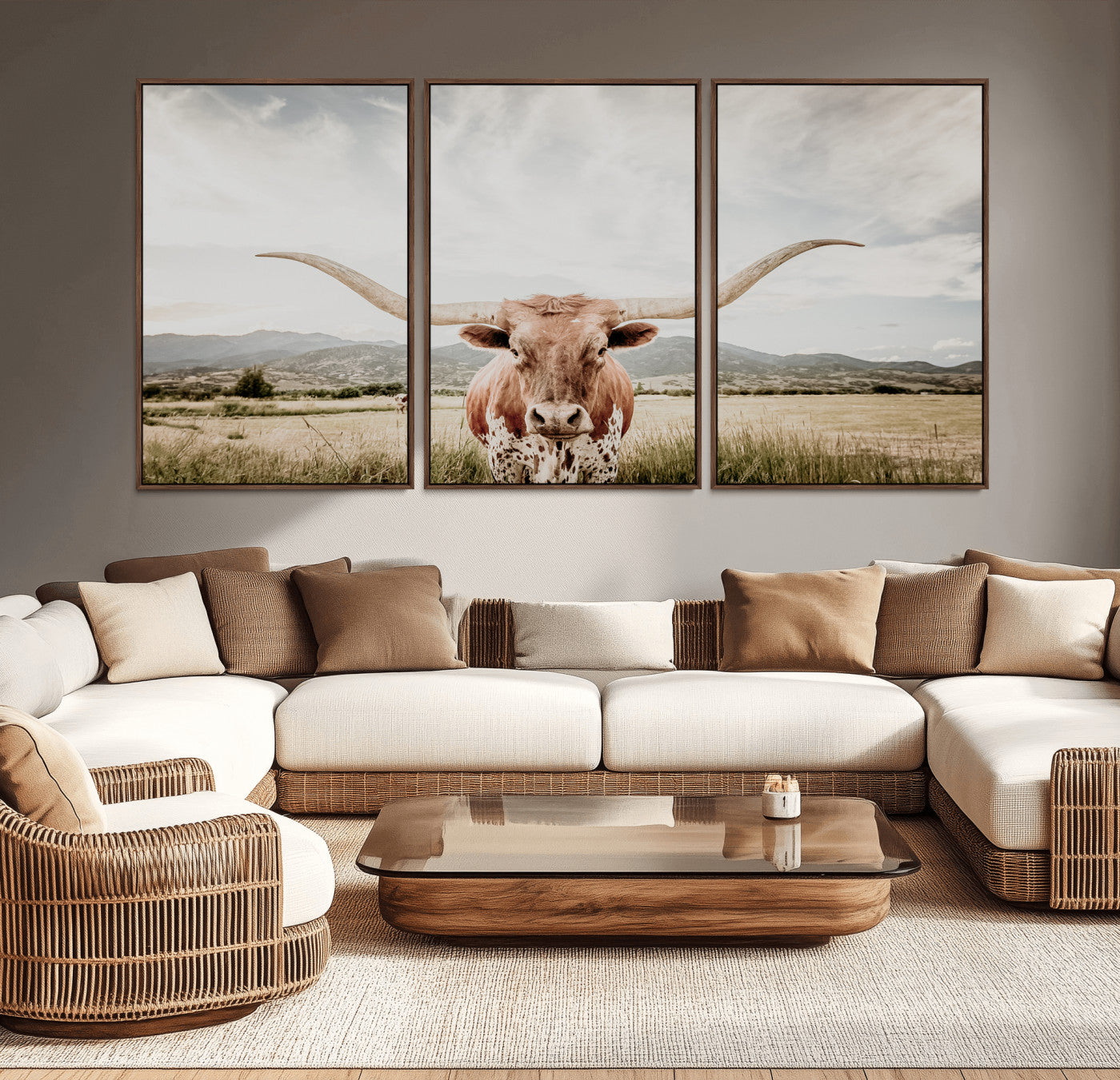 80054319-MGV-CV-36X24-Texas Longhorn Wall Art Canvas Print, Framed Western Cow Art Picture Print, Rustic Farmhouse Perfect Farmhouse Decor Artwork