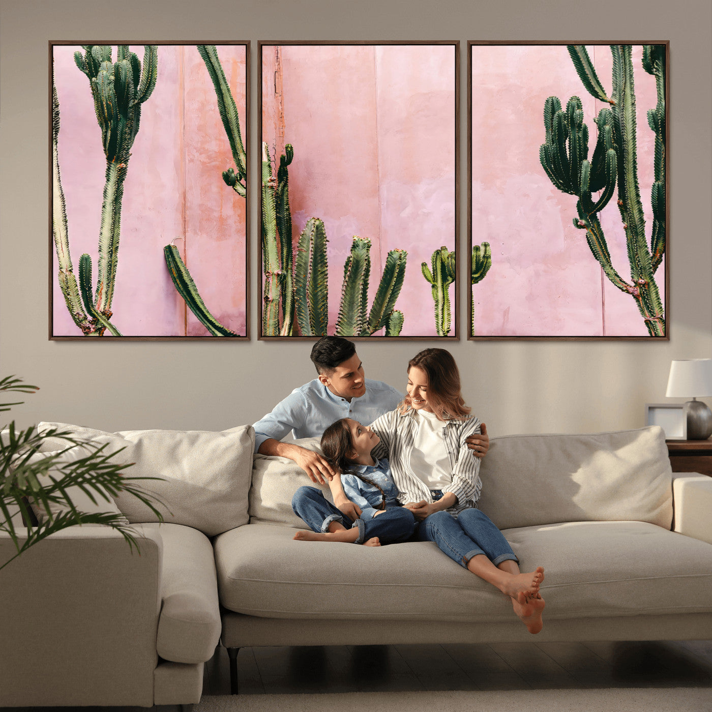 93119502-MGV-CV-36X24-Tall Cactus Wall Art Canvas Print, Framed Pink Wall Art Picture Print, Cactus Lines Perfect Modern Desert Decor Artwork