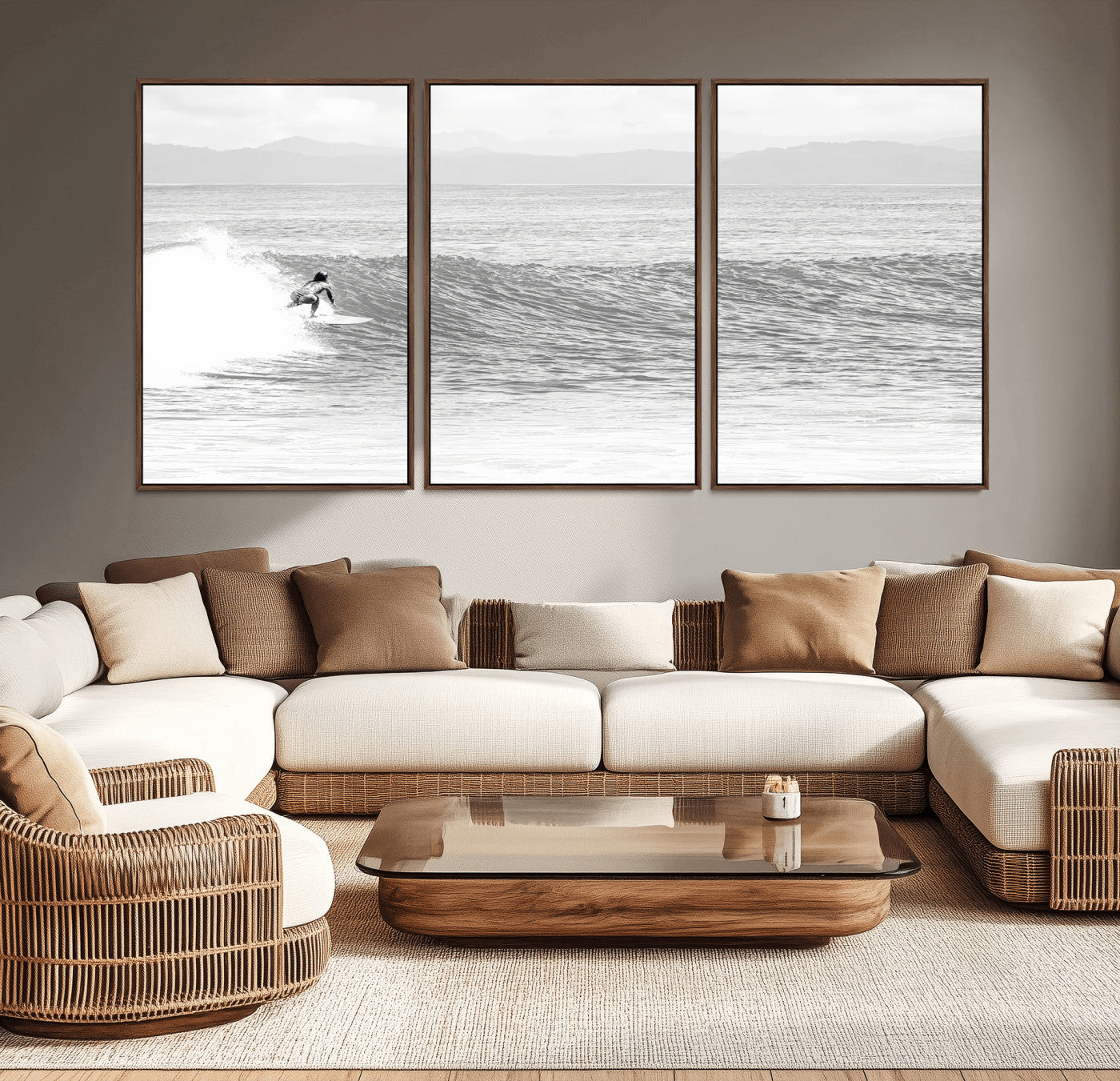 81535128-MGV-CV-36X24-Surfer Woman Wall Art Canvas Print, Framed Black Ocean Art Picture Print, Ocean Surfing Perfect Monochrome Coastal Decor Artwork